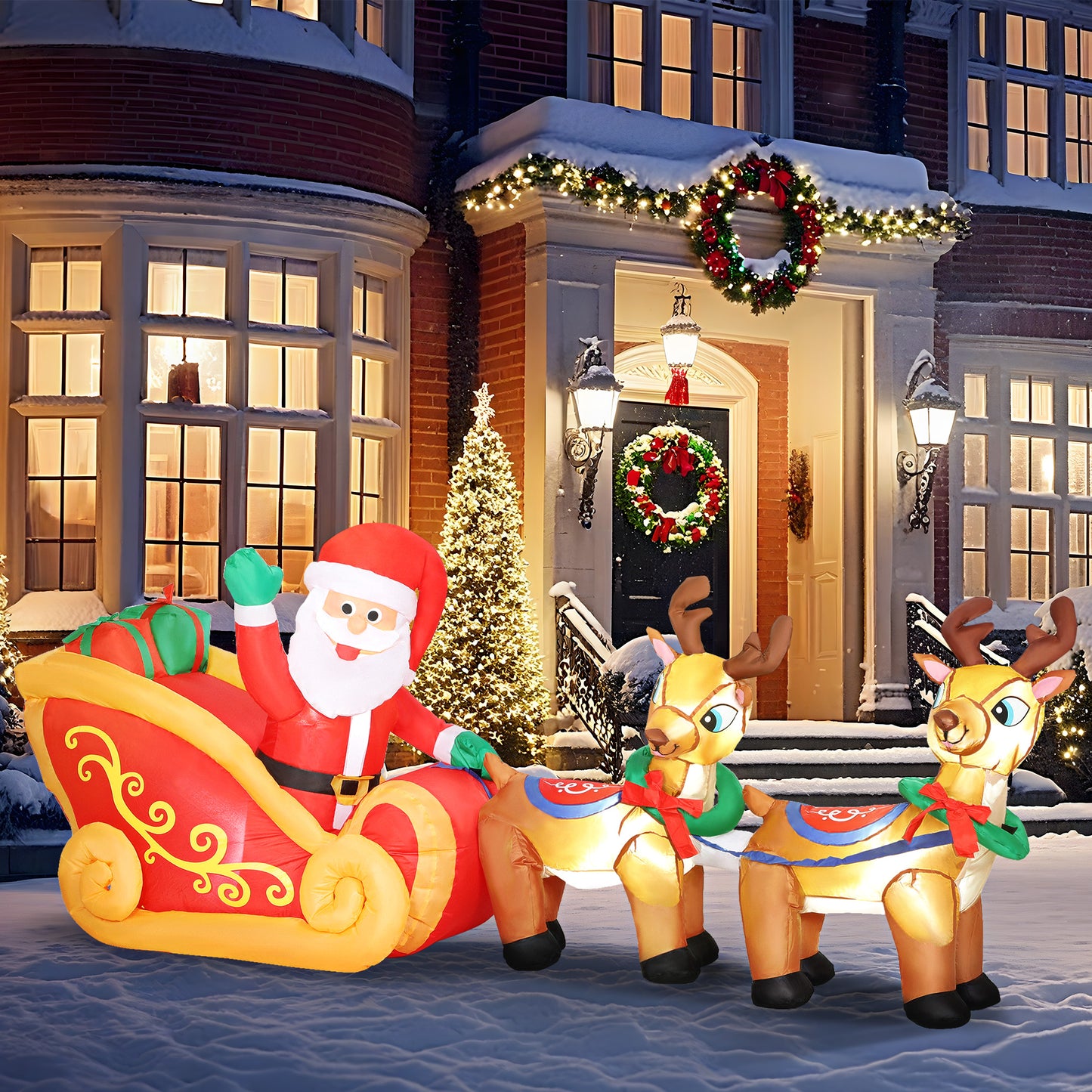 Outsunny 7.9ft Christmas Inflatable Santa on Sleigh with Two Reindeer, Outdoor Christmas Blow Up Decoration with Built-in LED Lights for Garden, Indoor Outdoor Home Decor