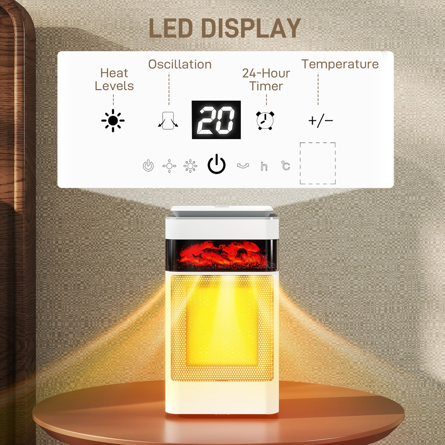 HOMCOM Ceramic Electric Heater, 1500W Fan Space Heater with 3 Modes, 24H Timer, Flame Effect, Oscillation for Bedroom, White