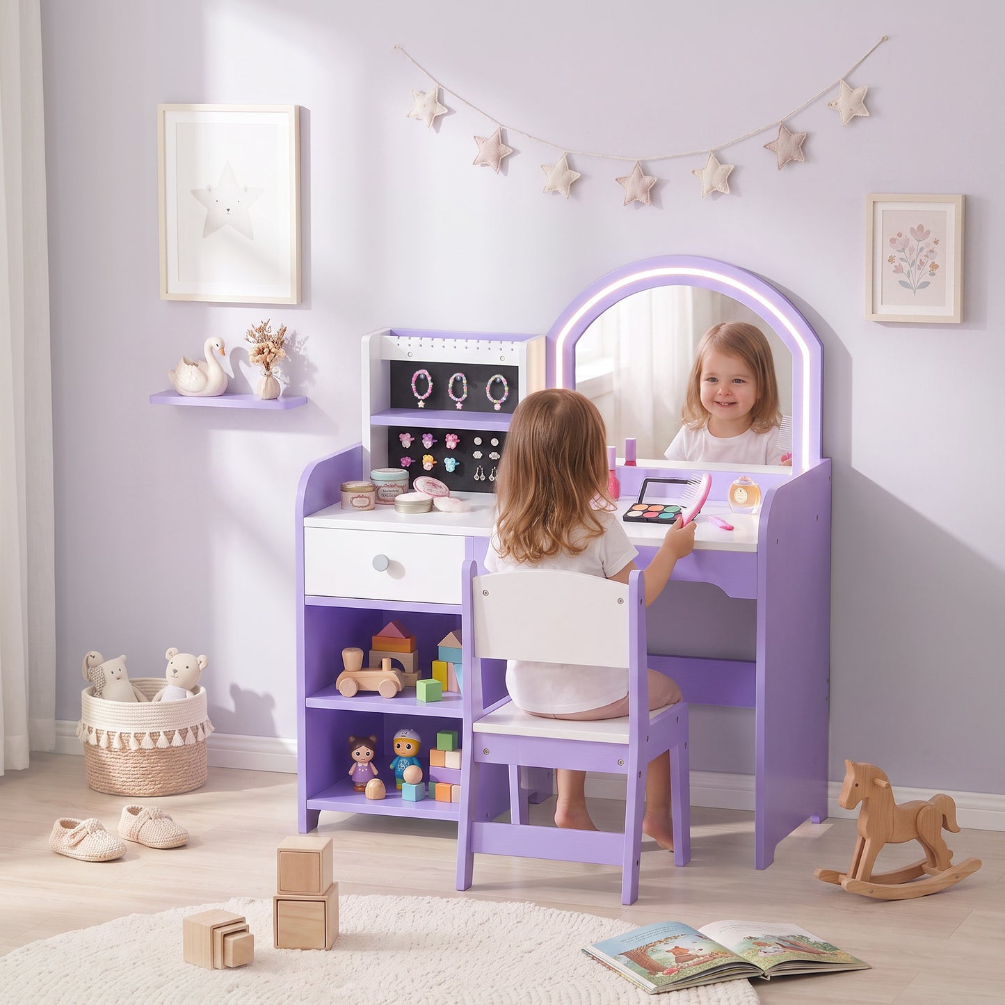 AIYAPLAY Kids Vanity Set, Girls Dressing Table with Stool, 2-Colour Lights Mirror, Pretend Dresser Gift for Ages 3-8, Purple