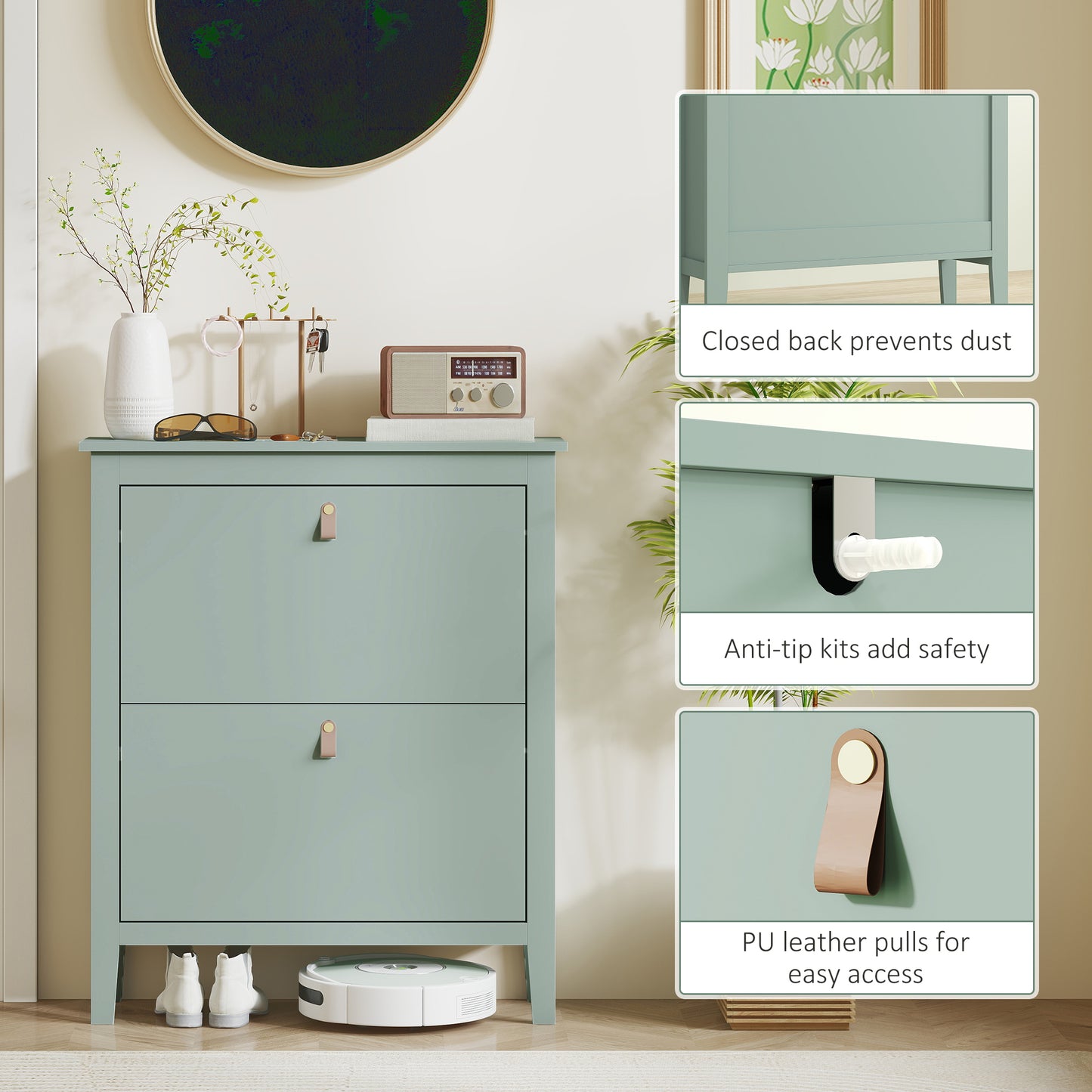 HOMCOM Modern Two-Drawer Shoe Cabinet - Green