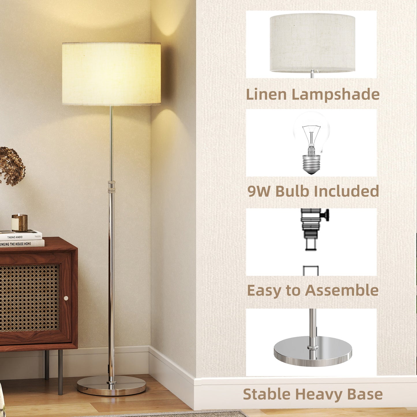 HOMCOM Floor Lamp with Remote, Height Adjustable Standing Lamp with Linen Shade, Dimmable with 3000K-6000K Adjustable Colour Temperatures, Foot Switch for Living Room Bedroom Office, Silver Tone
