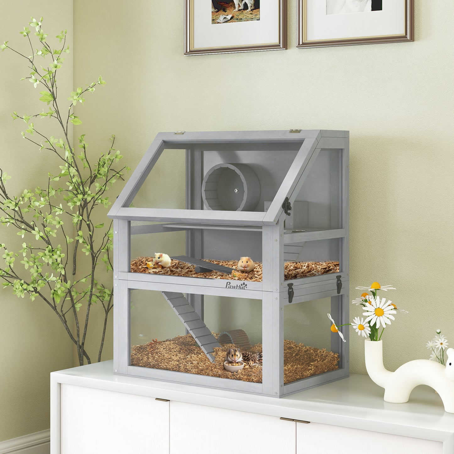 PawHut Wooden Hamster Cage with Detachable 32cm Deep Bottom, Hut, Seesaw, Exercise Wheel, Ramp, 60 x 40 x 75cm, Light Grey