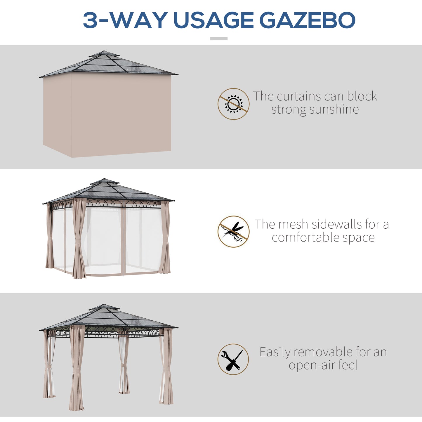 Outsunny 3 x 3 (m) Outdoor Polycarbonate Gazebo, DoubleÂ Roof Hard Top Gazebo withÂ Galvanised Steel Frame, NettingsÂ &Â Curtains for Garden, Lawn, Patio and Deck, Khaki