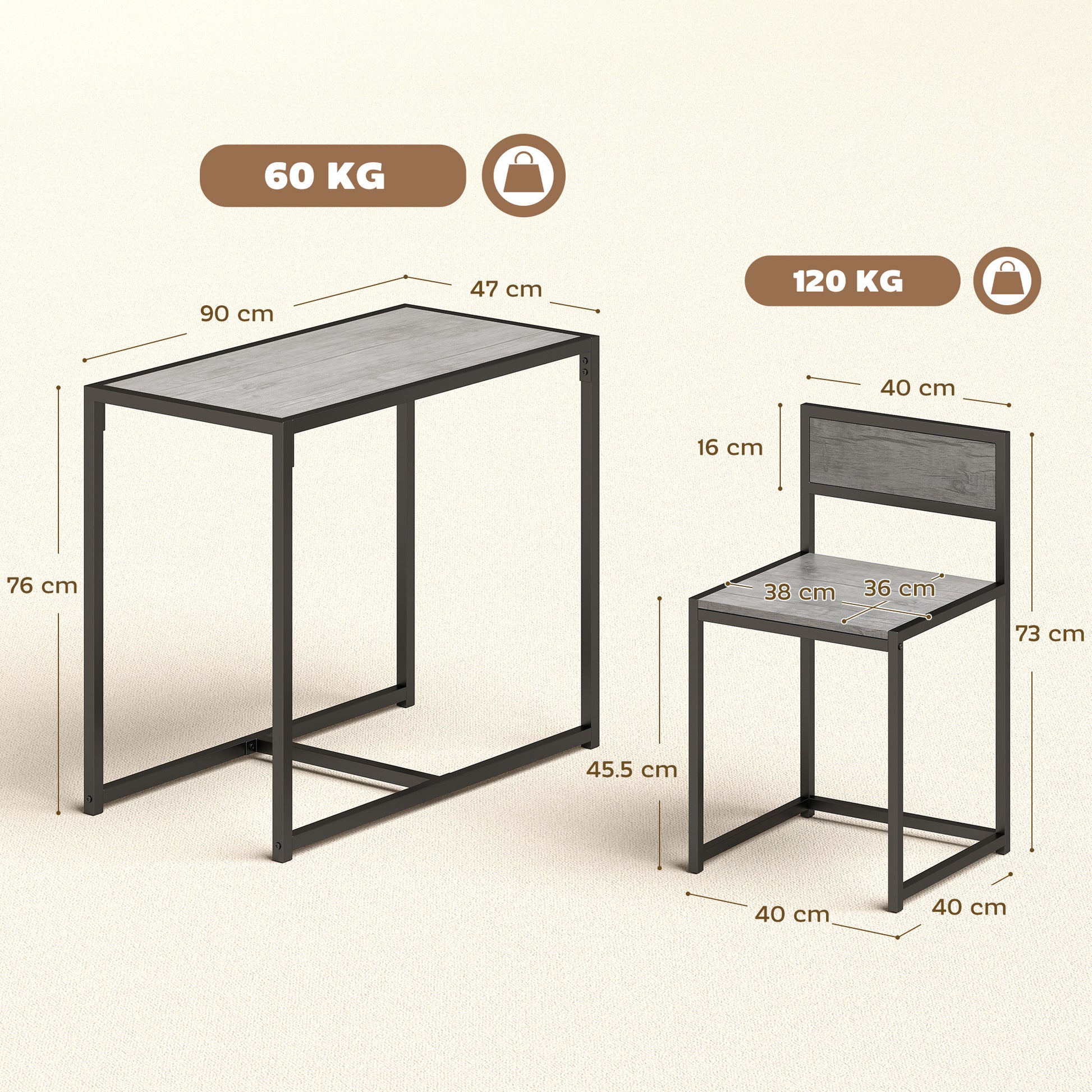 HOMCOM 3 Piece Table Stool Set - Charcoal Grey Wood-Effect