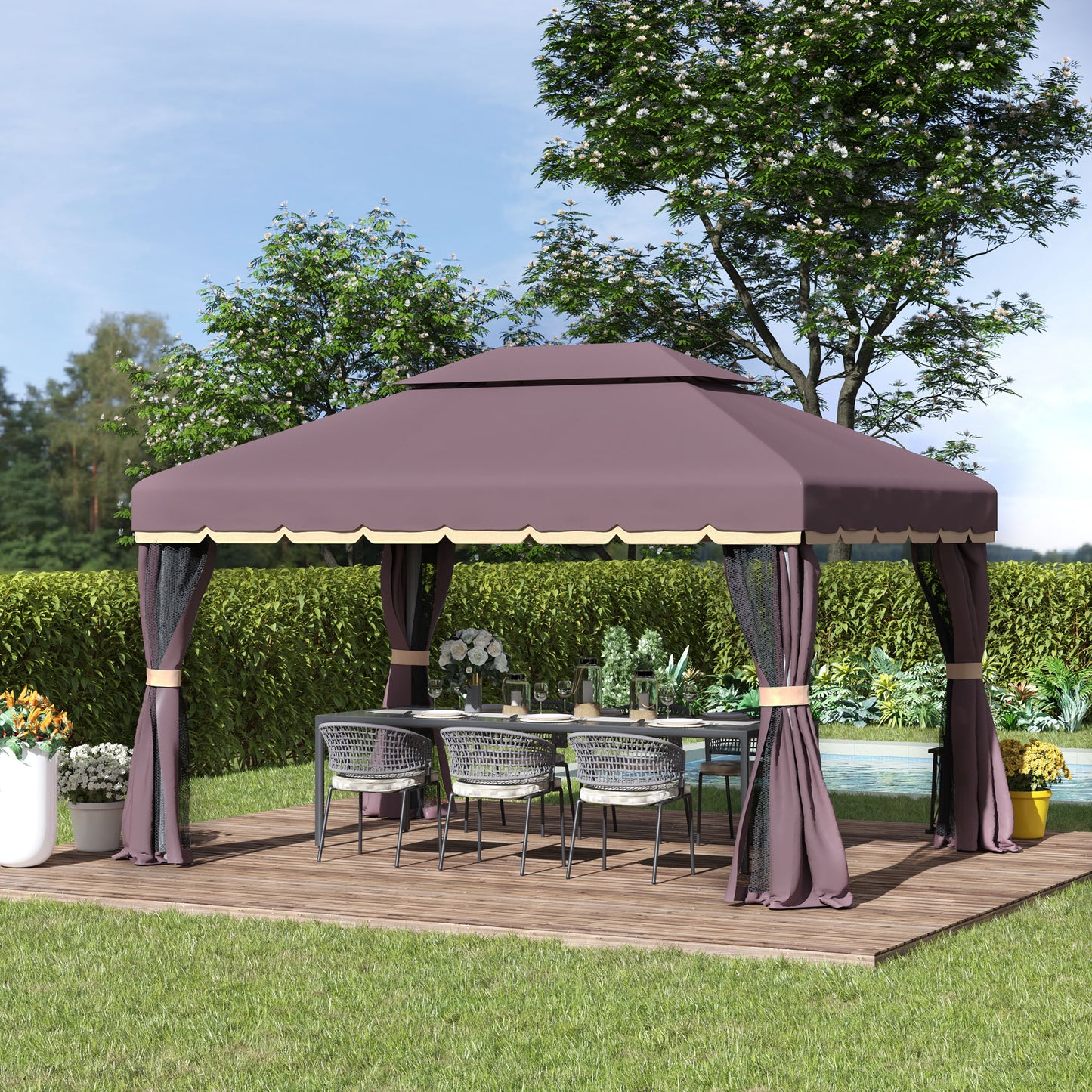 Outsunny 3 x 4m Aluminium GardenÂ Gazebo, Marquee Canopy Shelter Pavilion Party Tent with Nets and Curtains for Garden and Deck, Coffee