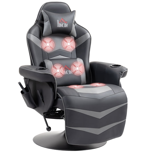 HOMCOM Small Leather Massage Recliner Chair with Ergonomic High Back Retractable Footrest Headrest Work Break Grey