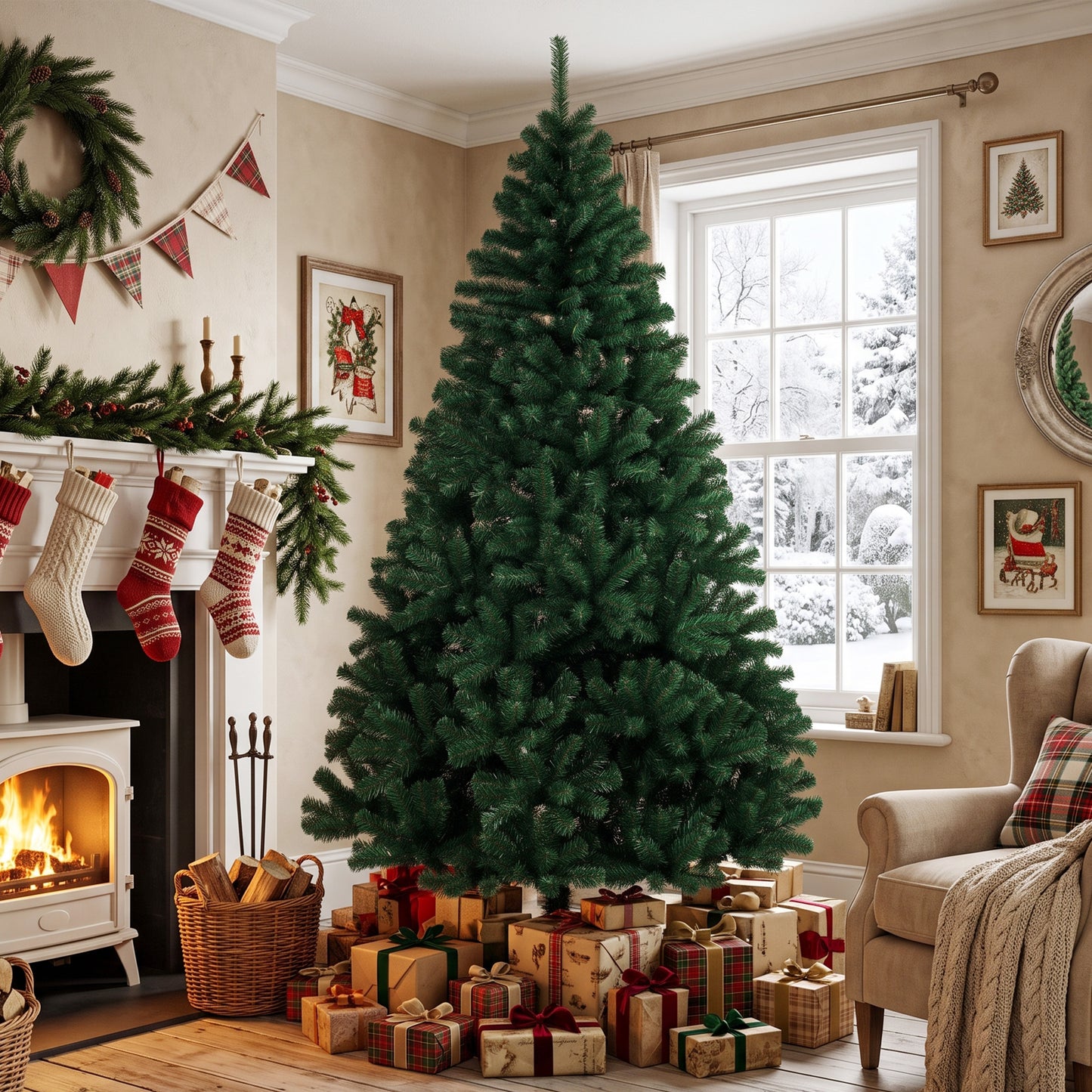 HOMCOM 7ft Artificial Christmas Tree, Fir Hinged Xmas Tree with 1100 Branch Tips, Foldable Steel Stand, Green