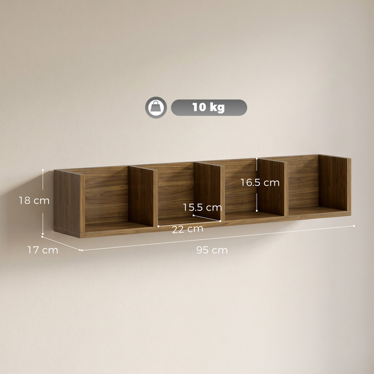 HOMCOM Wooden Shelf Organiser Unit, Wall Mounts Set of 2 84 CD / 56 DVD/Blu-ray/ Media Storage Racks 4 Cubes, Walnut Brown