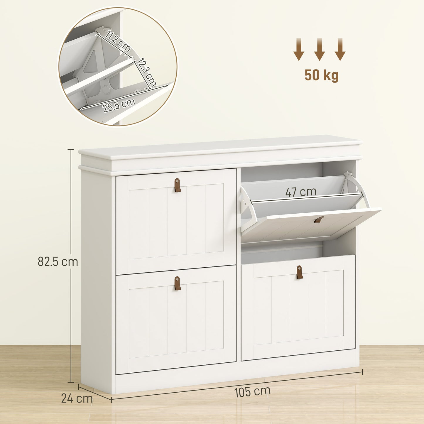 HOMCOM Slim Shoe Cabinet, Shoe Cabinet with 4 Drop-Down Drawers, 105W x 24D x 82.5H cm, White