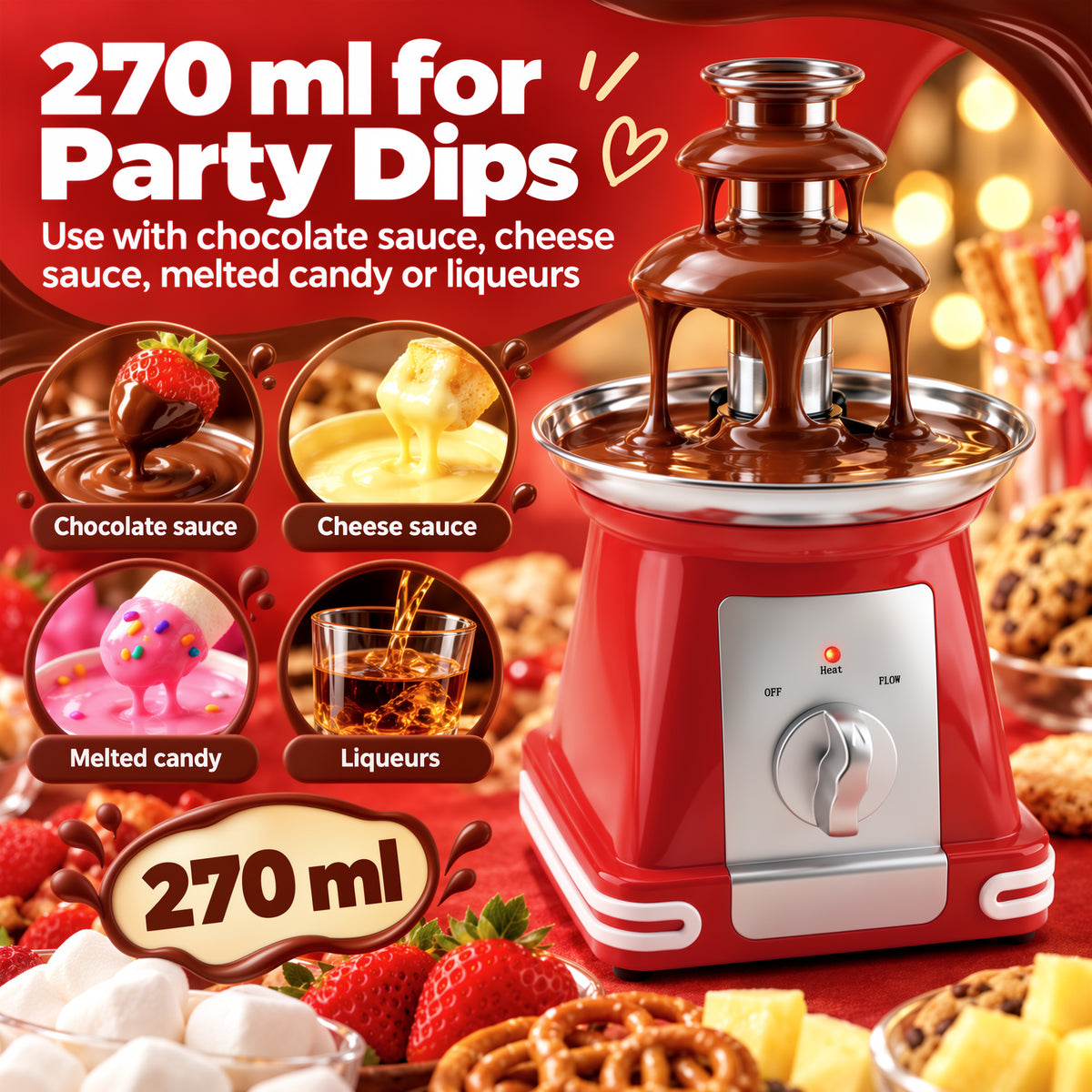HOMCOM Stainless Steel Chocolate Fountain, 3-Tier 270 ml Electric Fondue Set with Hot Melting Pot Base for Parties, Red