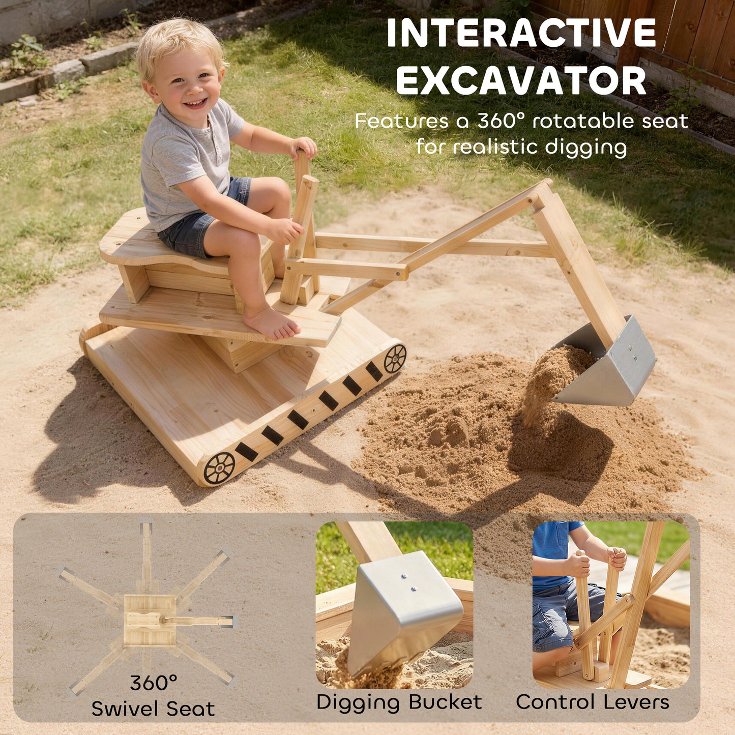 AIYAPLAY Wooden Sand Pit with Digger, Kids Sandbox Outdoor, SandPit with 360 Swivel Seat and Bottom Liner