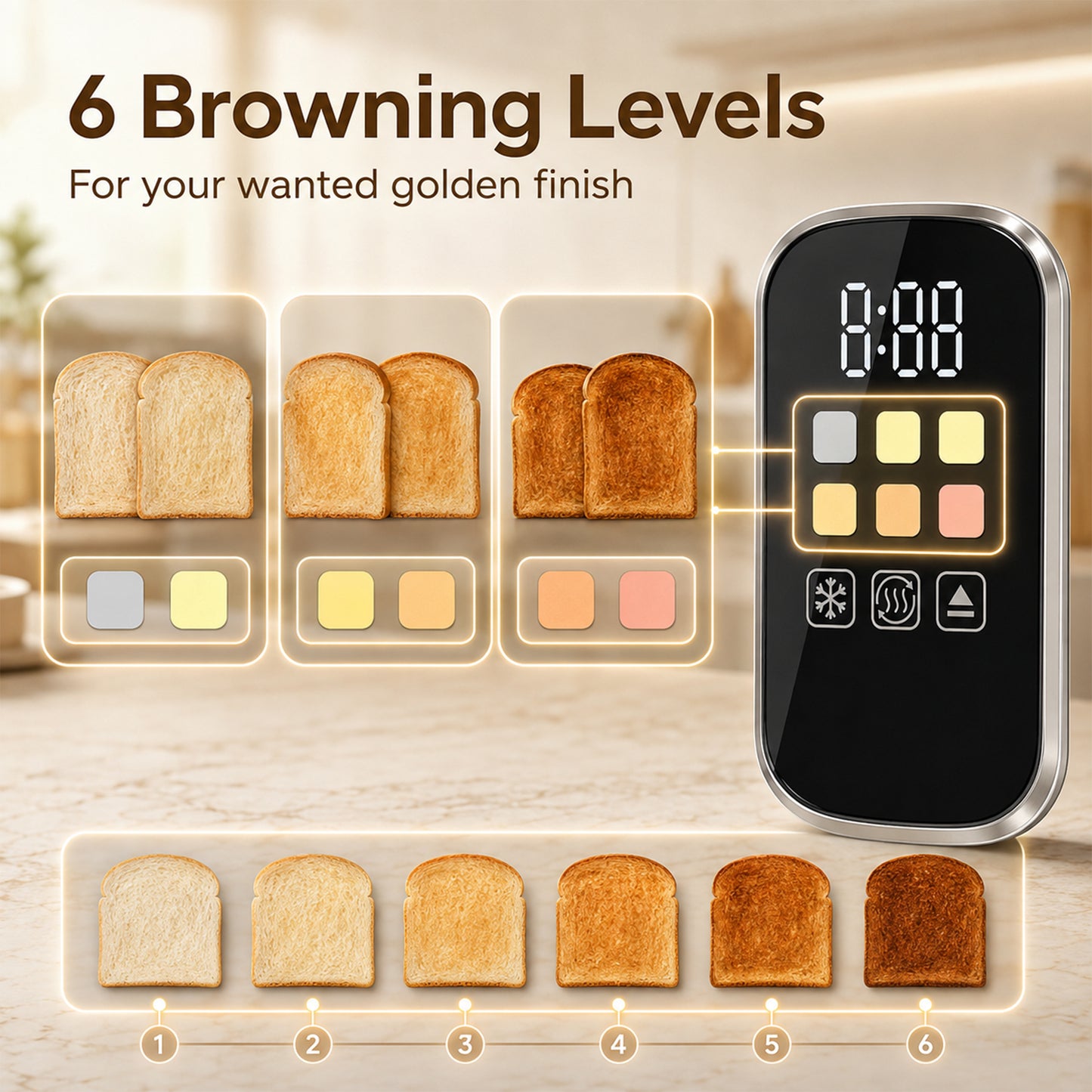 HOMCOM 2 Slice Smart Toaster with Touch Screen & LED Countdown, Toaster with Warming Rack, 6 Browning Levels, Memory Function
