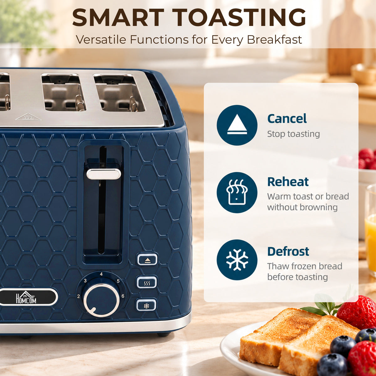 HOMCOM Kettle and Toaster Set, 1.7L 3000W Rapid Boil Jug Kettle with Limescale Filter, 4 Slice Toaster, Blue