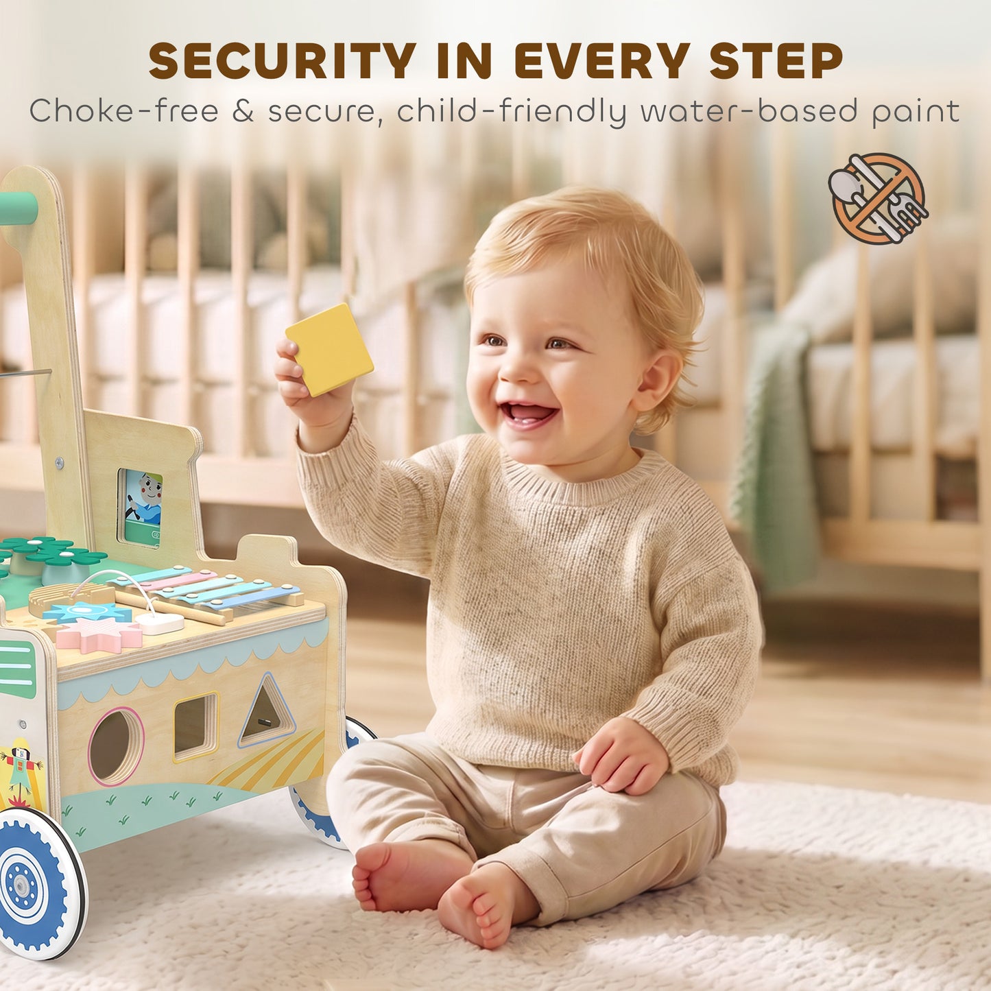 AIYAPLAY Wooden Baby Walker for 1-3 Year, Montessori Inspired Push Along Walker Toys, Multifunctional Activity Centre