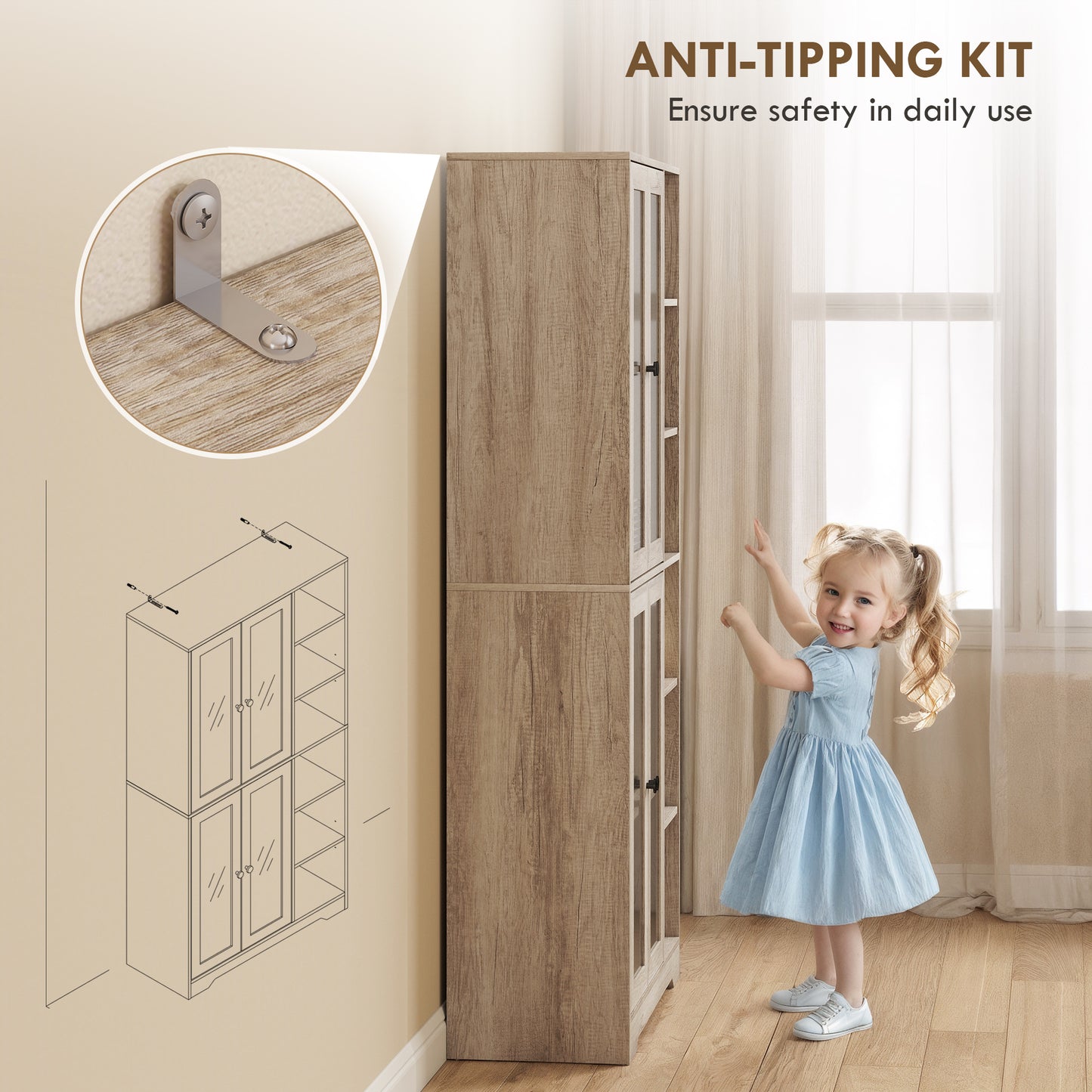 HOMCOM Multi-Storage Kitchen Cabinet, with Glass Doors - Grey Wood-Effect