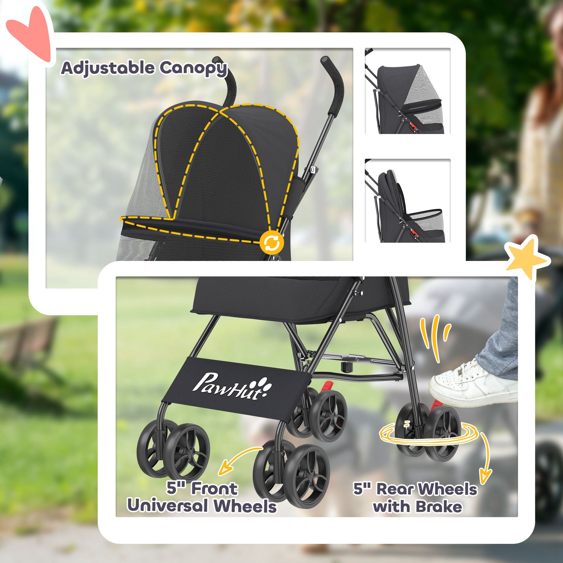 PawHut Dog Stroller, Foldable Cat Dog Pram for Miniature Breeds, Pet Stroller with Brake, Mesh Windows, Black