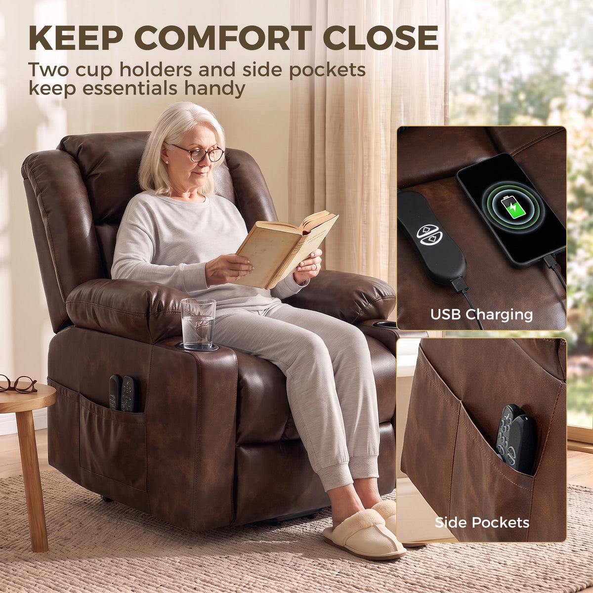 HOMCOM Riser Recliner Chair with Massage and Heat for Elderly, PU Leather Power Electric Lift Armchair, Cup Holders, Brown