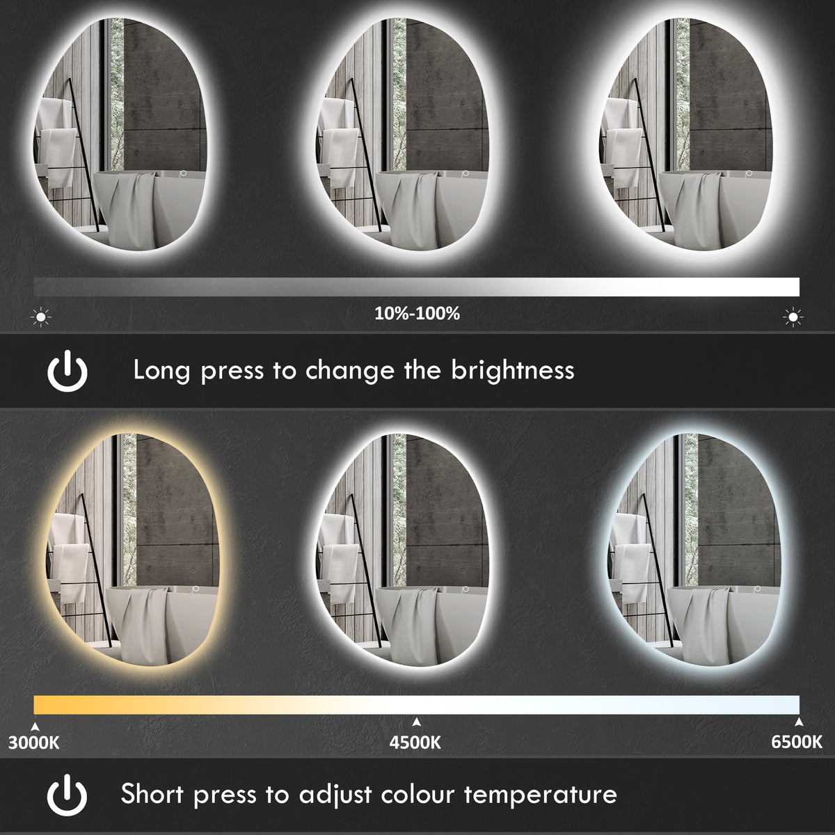 HOMCOM 80x60cm Bathroom Mirror with LED Lights, 3 Colours Dimmable, Anti-Fog, Memory & Touch Switch, IP44