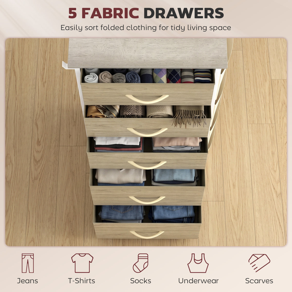 HOMCOM Chest of Drawers, Dresser with 5 Fabric Drawers, Tall Storage Unit with 4 Pockets and 2 Hooks Steel Frame, Natural Wood