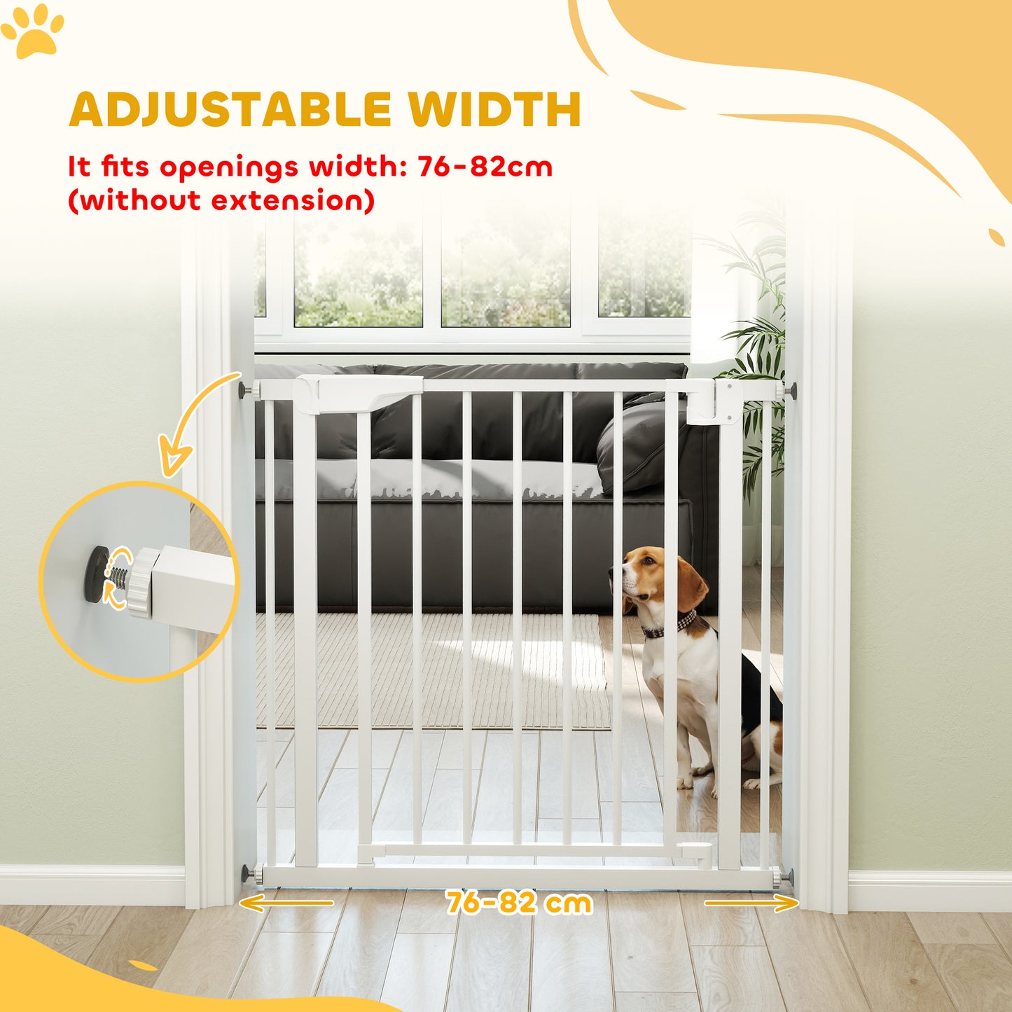 PawHut Baby Gate, Pet Safety Gate Pressure Fit, 76-81cm Wide with Two-Way Open, One-Hand Opening