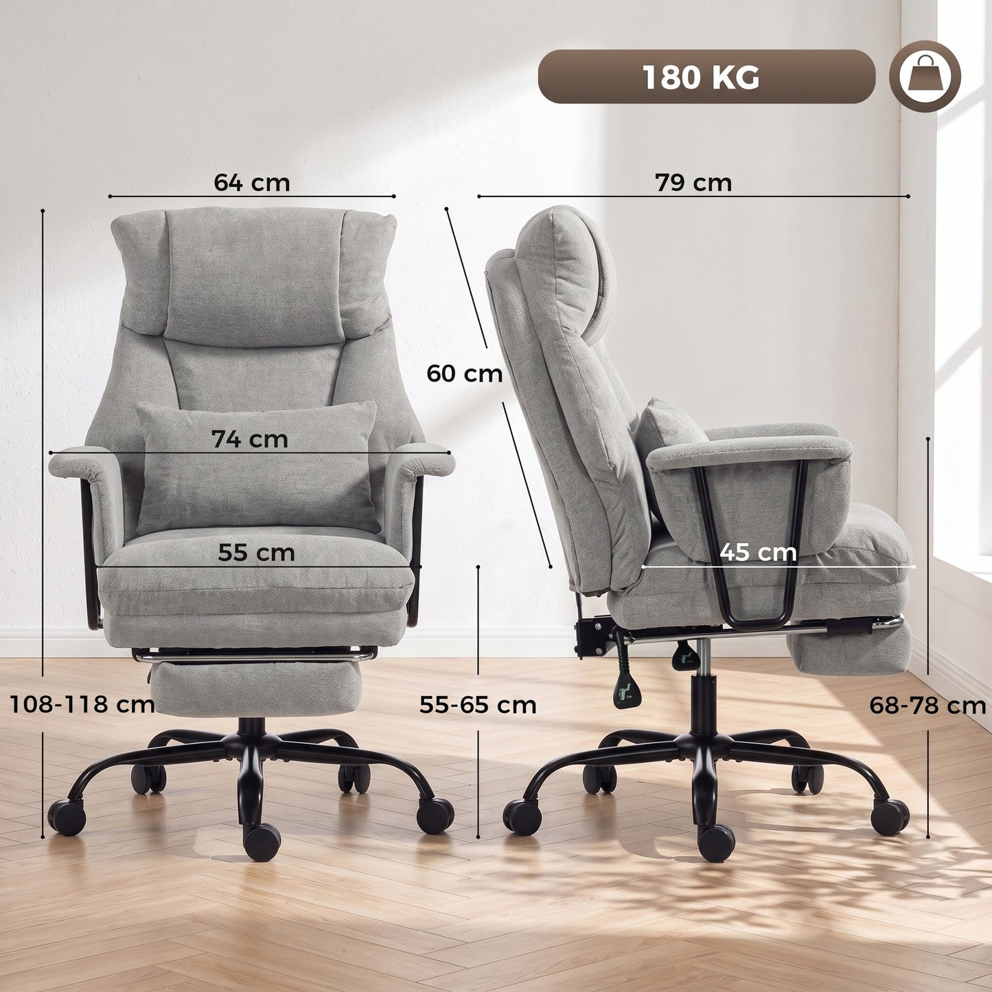 HOMCOM Office Chair, 180kg Heavy Duty Linen Computer Desk Chair with Lumbar Support, Wide Seat, Spring Cushion, Grey