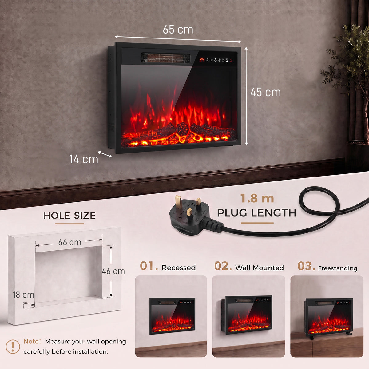 HOMCOM Electric Fireplace Insert, Recessed Electric Fire with Adjustable Flame Effect, Timer, Remote, 750W/1500W, Black