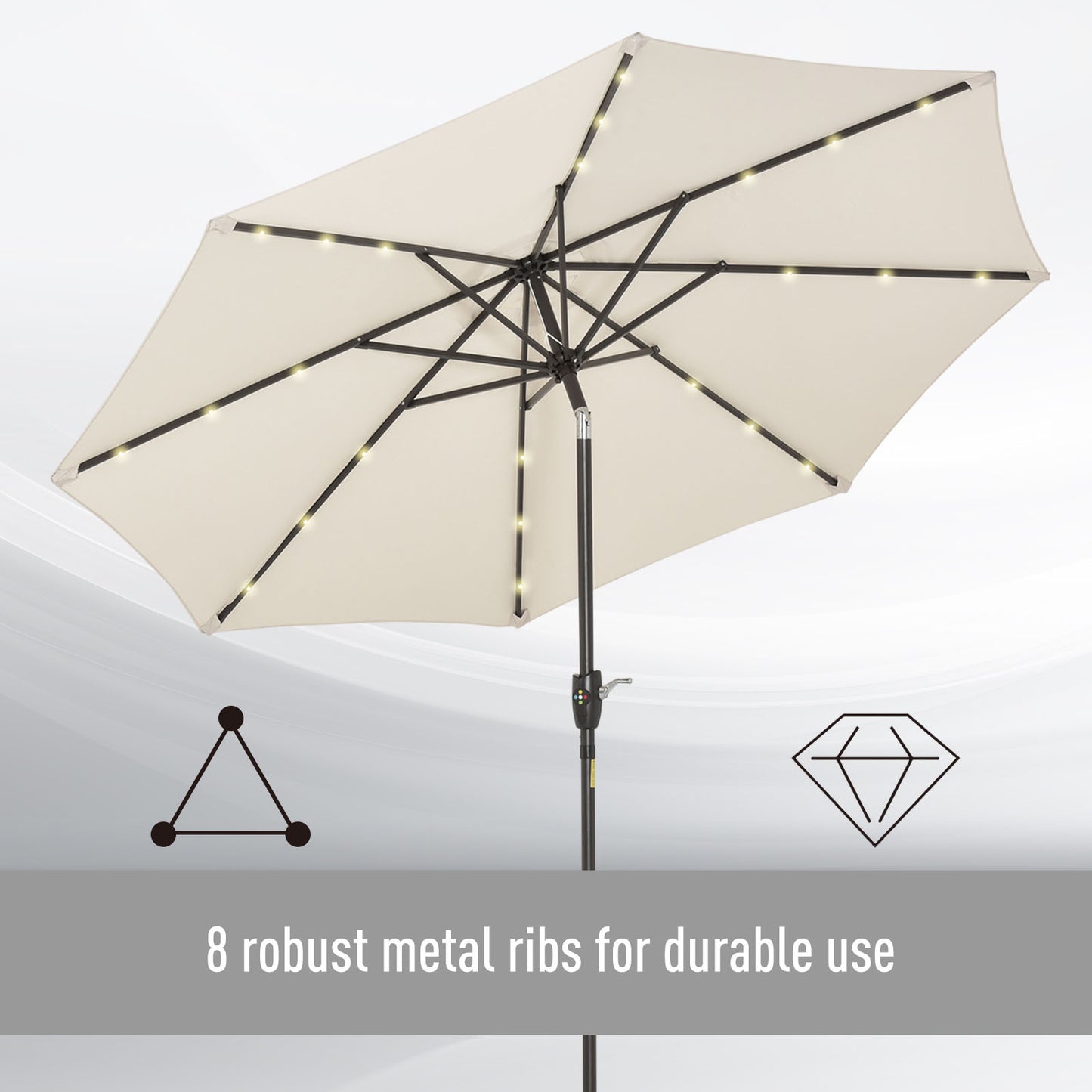 Outsunny Î¦2.7m Garden 24 LED Light Parasol Solar Outdoor Tilt Sun Umbrella Patio Club Party Event Manual Sun Shade w/ Hand Crank and 8 Ribs, Off-white