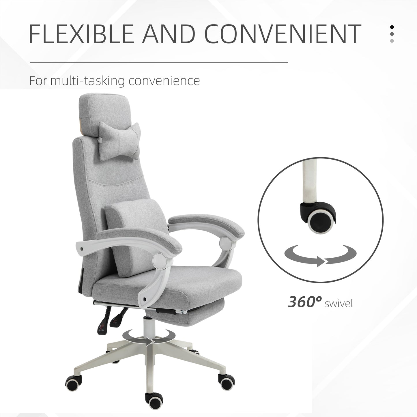 Vinsetto Office Chair, Ergonomic Desk Chair, High Back Fabric Work Chair with 160Â° Reclining Backrest, Retractable Footrest, Neck and Lumbar Pillow for Home and Study, Grey