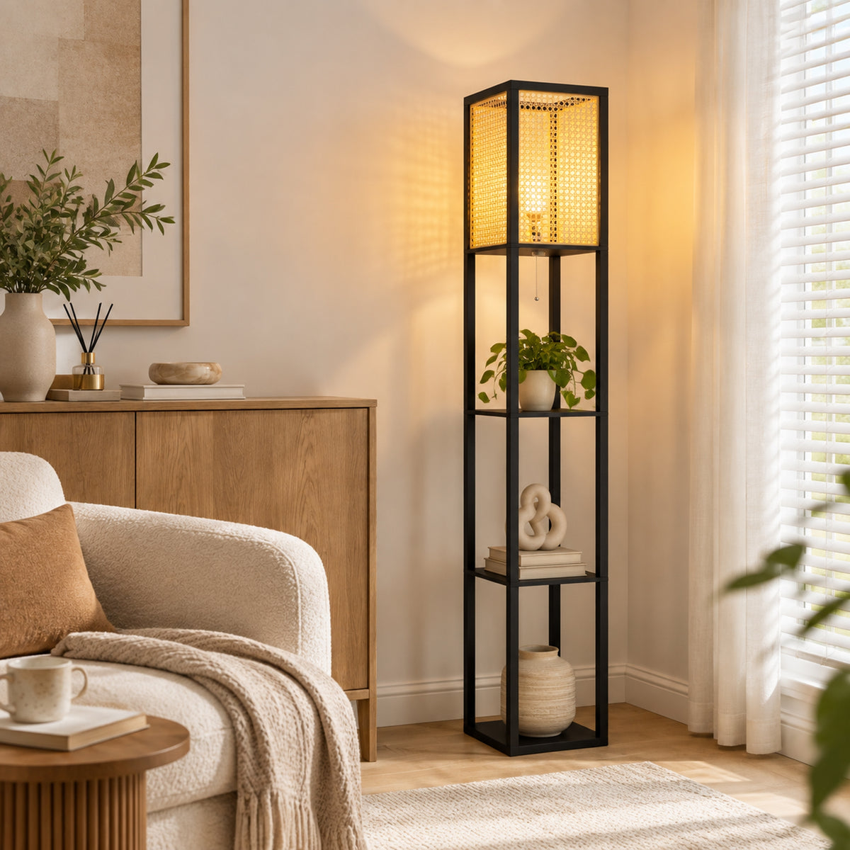 HOMCOM Floor Lamp with Shelves, Rattan Shade and Pull-Chain Switch, 3-Tier Storage Shelves for Bedroom Living Room, Black