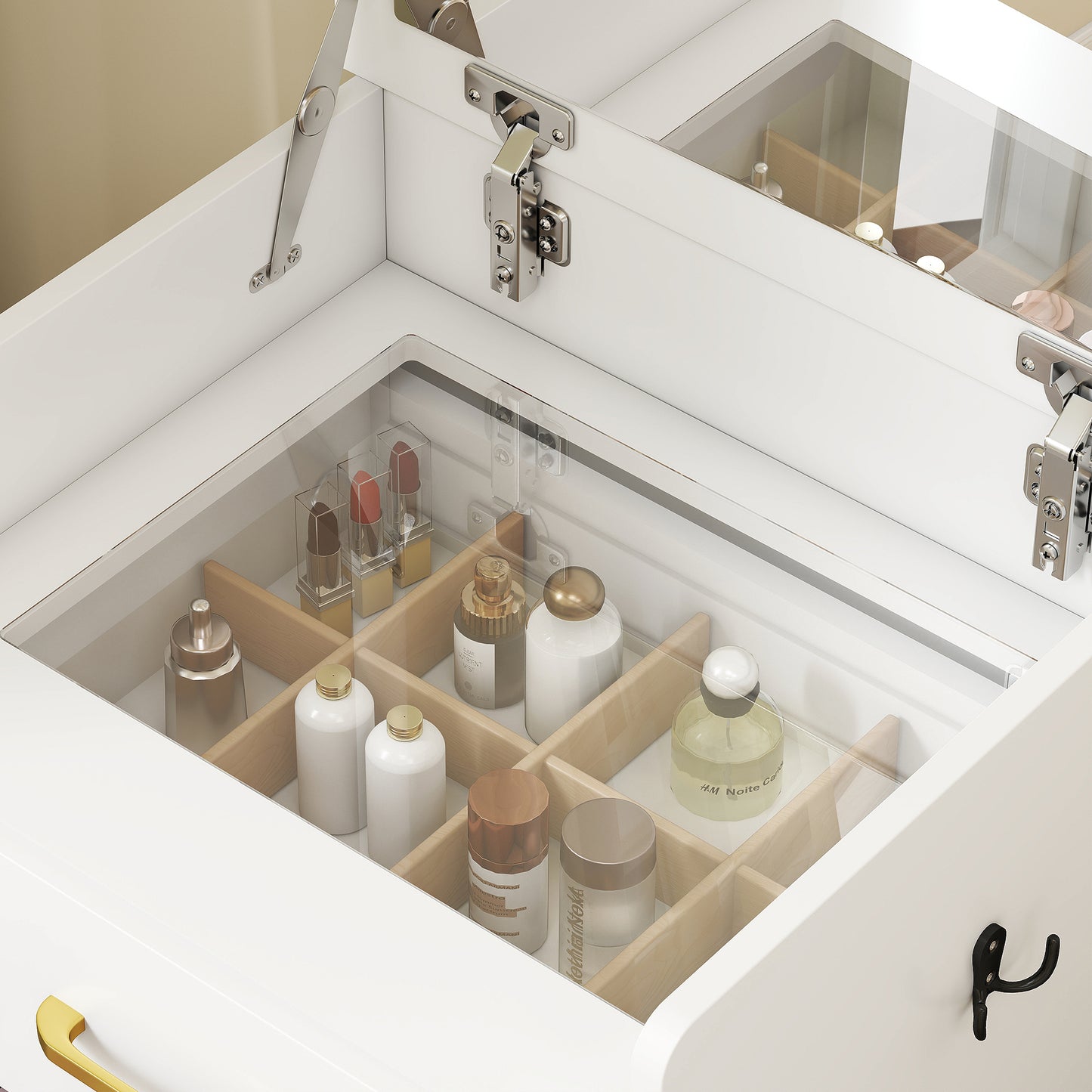 HOMCOM 3 in 1 Dressing Table with Flip-top Mirror and Rolling Stool, Modern Vanity Desk with Visible Glass Tabletop, Drawers and Side Hook, Makeup Table with Cushioned Storage Stool for Bedroom, White