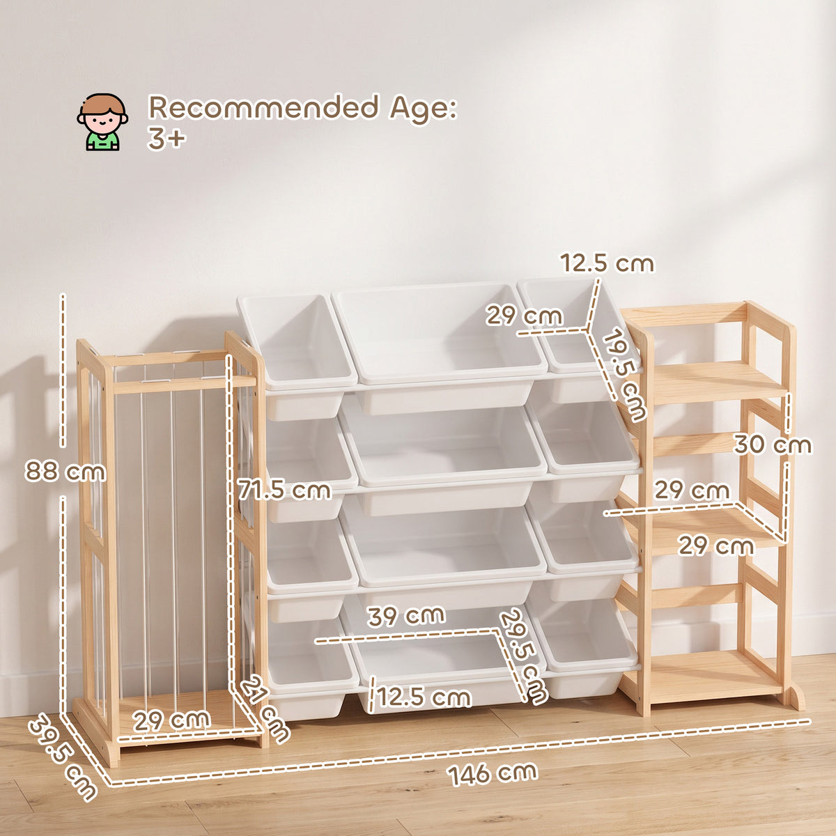 AIYAPLAY Wooden Toy Storage Unit with Stuffed Animal Storage, Bookshelf and 12 Bins for Kids Rooms, Bedroom, Playroom, Nursery