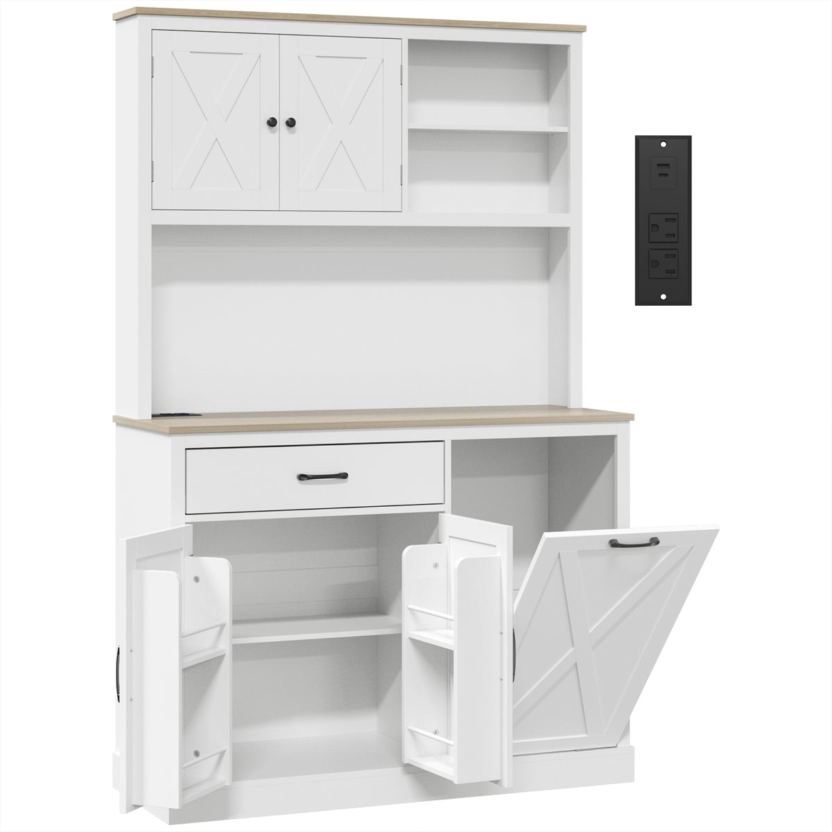 HOMCOM Pantry Cabinet with Charging Station, Microwave Stand, Rubbish Bin Cabinet, Adjustable Shelves, Barn Style Doors, White Default Title