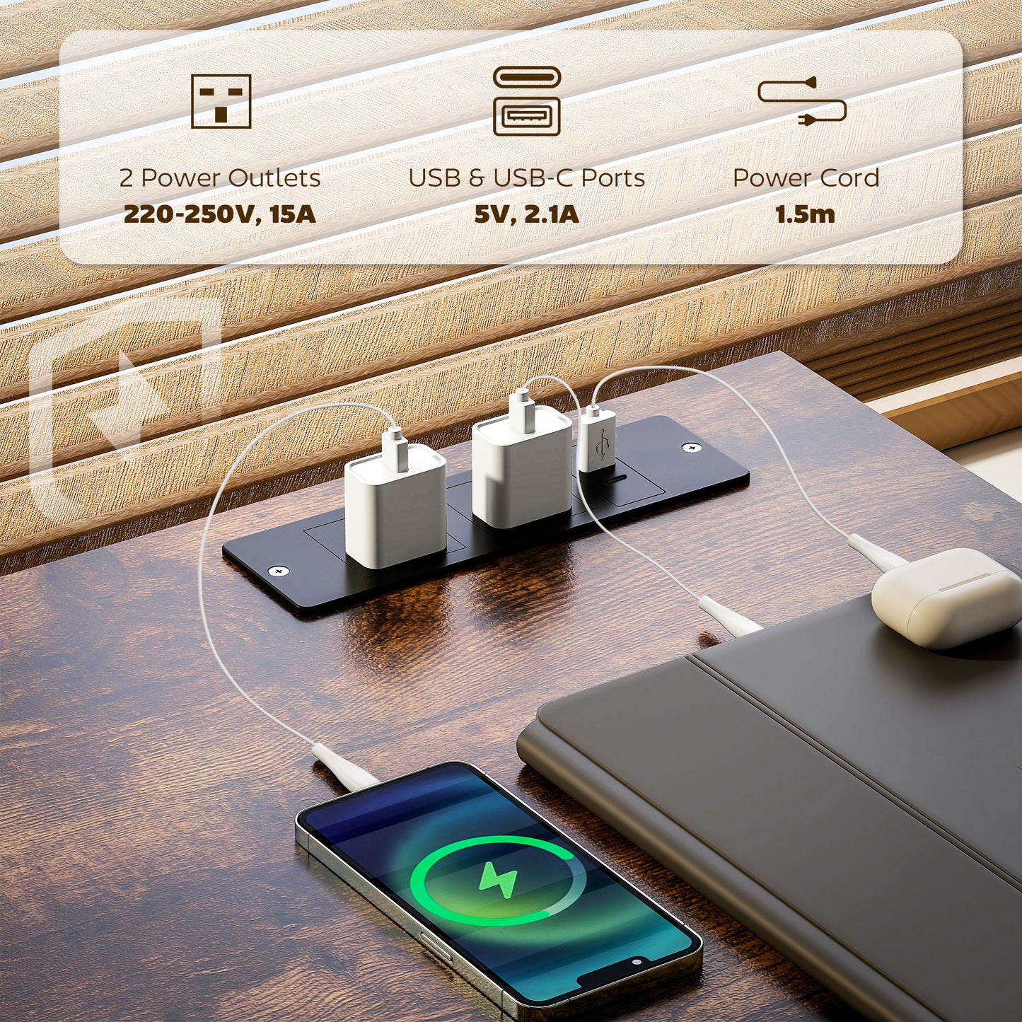 HOMCOM 120cm Computer Desk with Power Outlets, Office Desk Study Table with Fabric Drawers and Storage Shelves, Rustic Brown