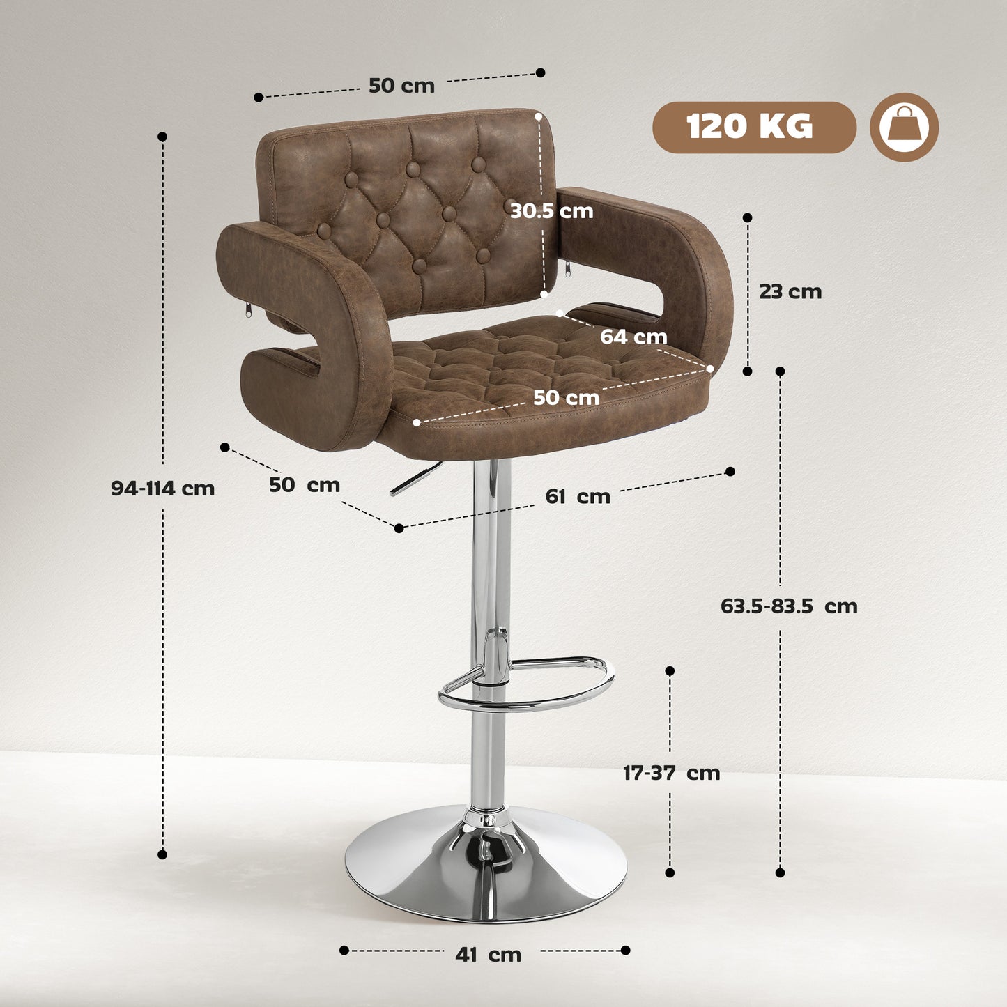 HOMCOM PU Leather Upholstered Swivel Bar Stool, Height Adjustable with Back, Armrest, Footrest, Coffee