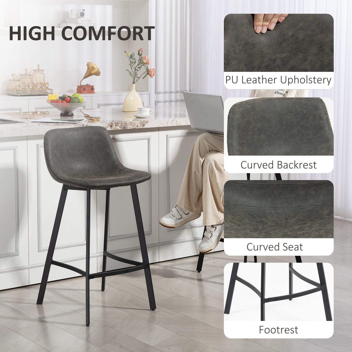 HOMCOM Bar Stools Set of 2, PU Leather Dining Stools with Backrest, Footrest, for Kitchen, Counter, Breakfast Bar, Grey