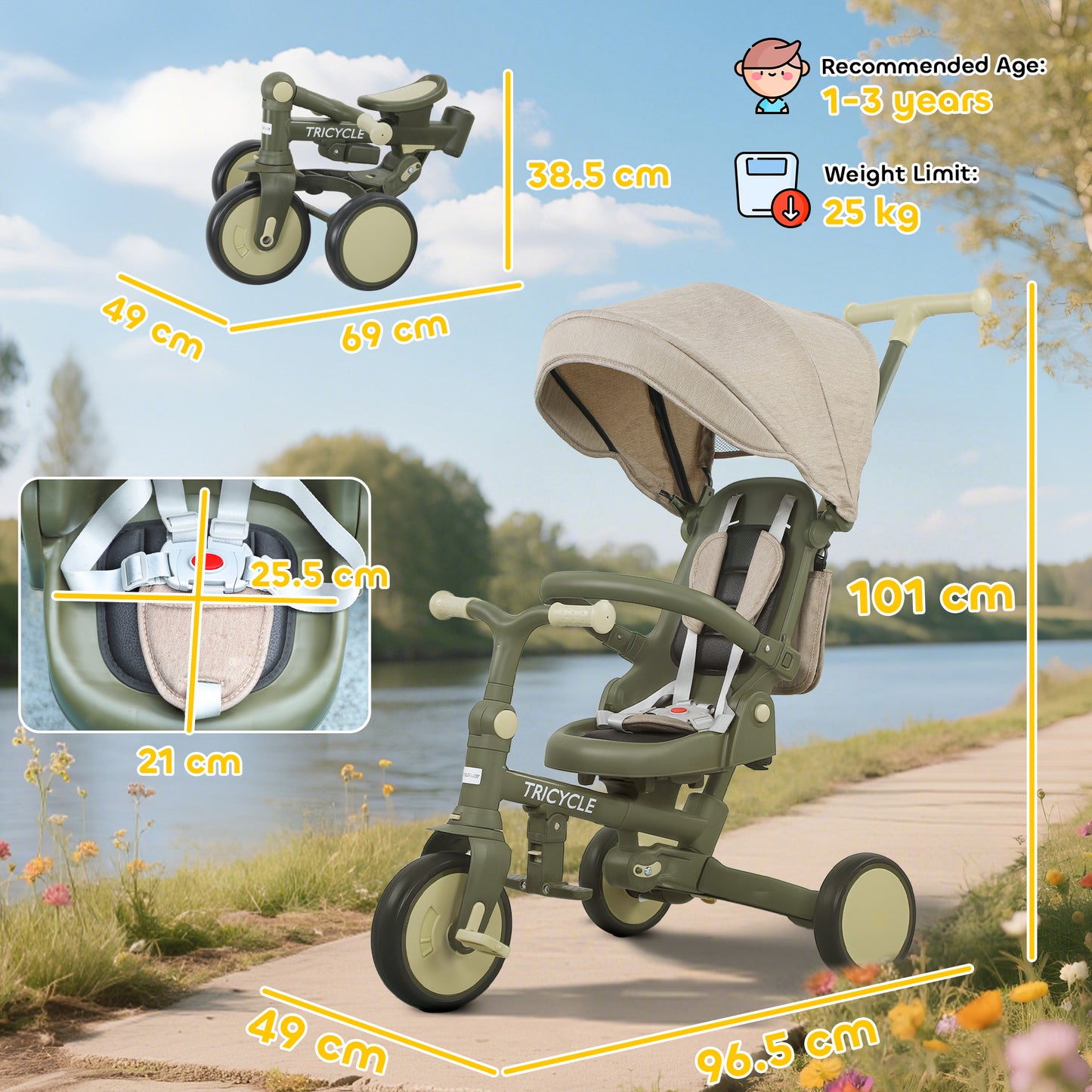 AIYAPLAY 5 in 1 Kids Trike with Adjustable Backrest, Toddler Tricycle with Push Handlebar, Adjustable Backrest, Dark Green