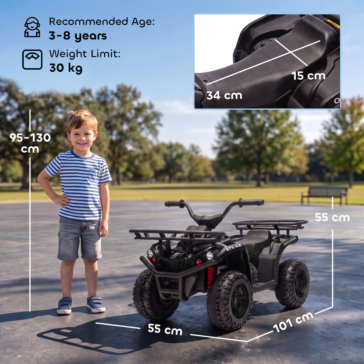 AIYAPLAY 12V Kids Electric Quad Bike, Ride on ATV with Dual Motors, Soft Start, Storage, Music, Lights for 3-8 Years, Black