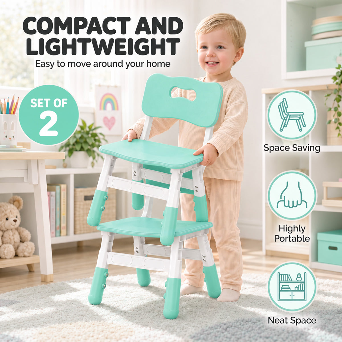 AIYAPLAY 2 PCS Kids Desk Chairs, 3 Level Height Adjustable Children's Chairs with Backrest for 1.5-8 Years, Max Load 50KG, Green