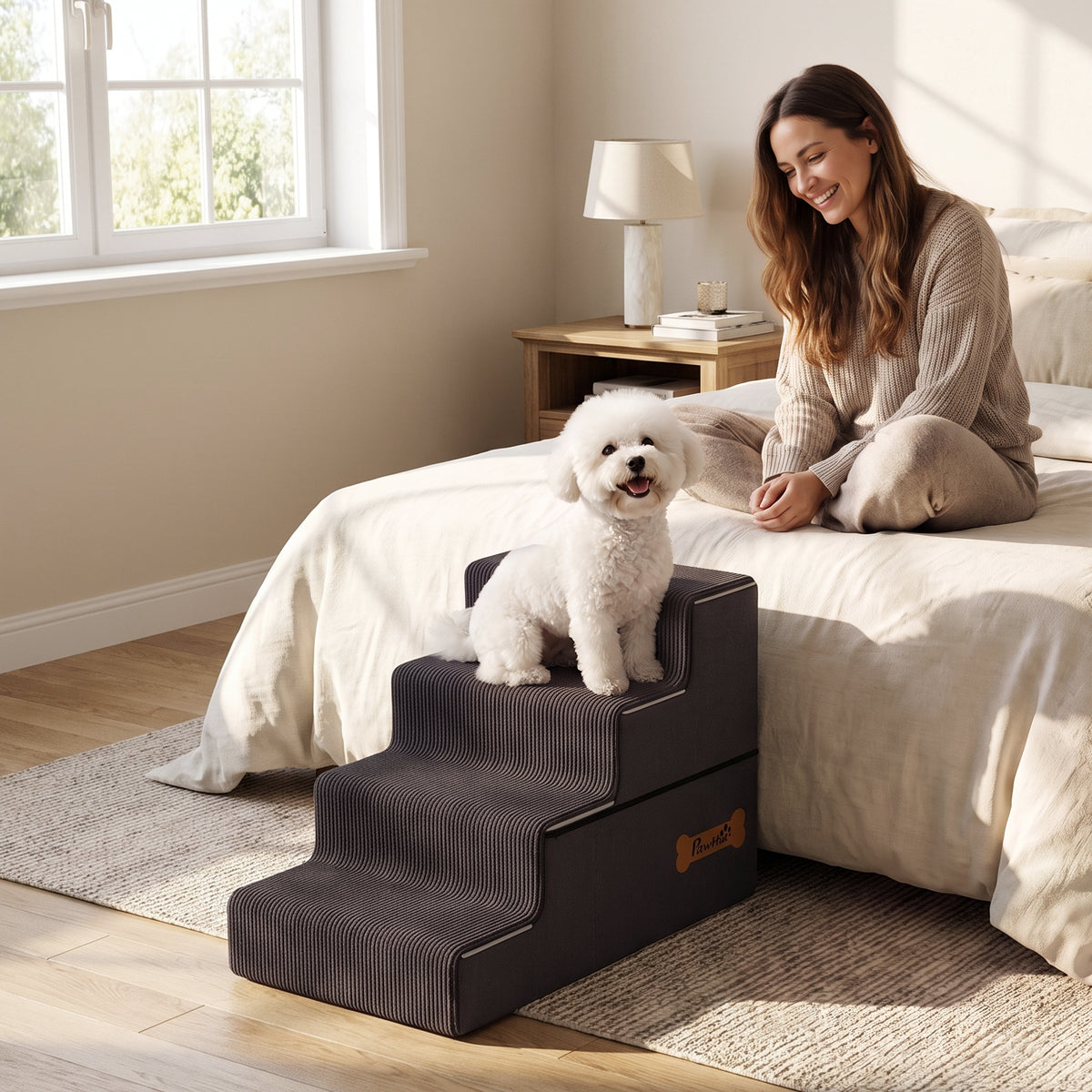 PawHut Dog Steps, 4-Step Dog Stairs for Bed and Sofa, Pet Stairs with Carry Handle, Washable Cover