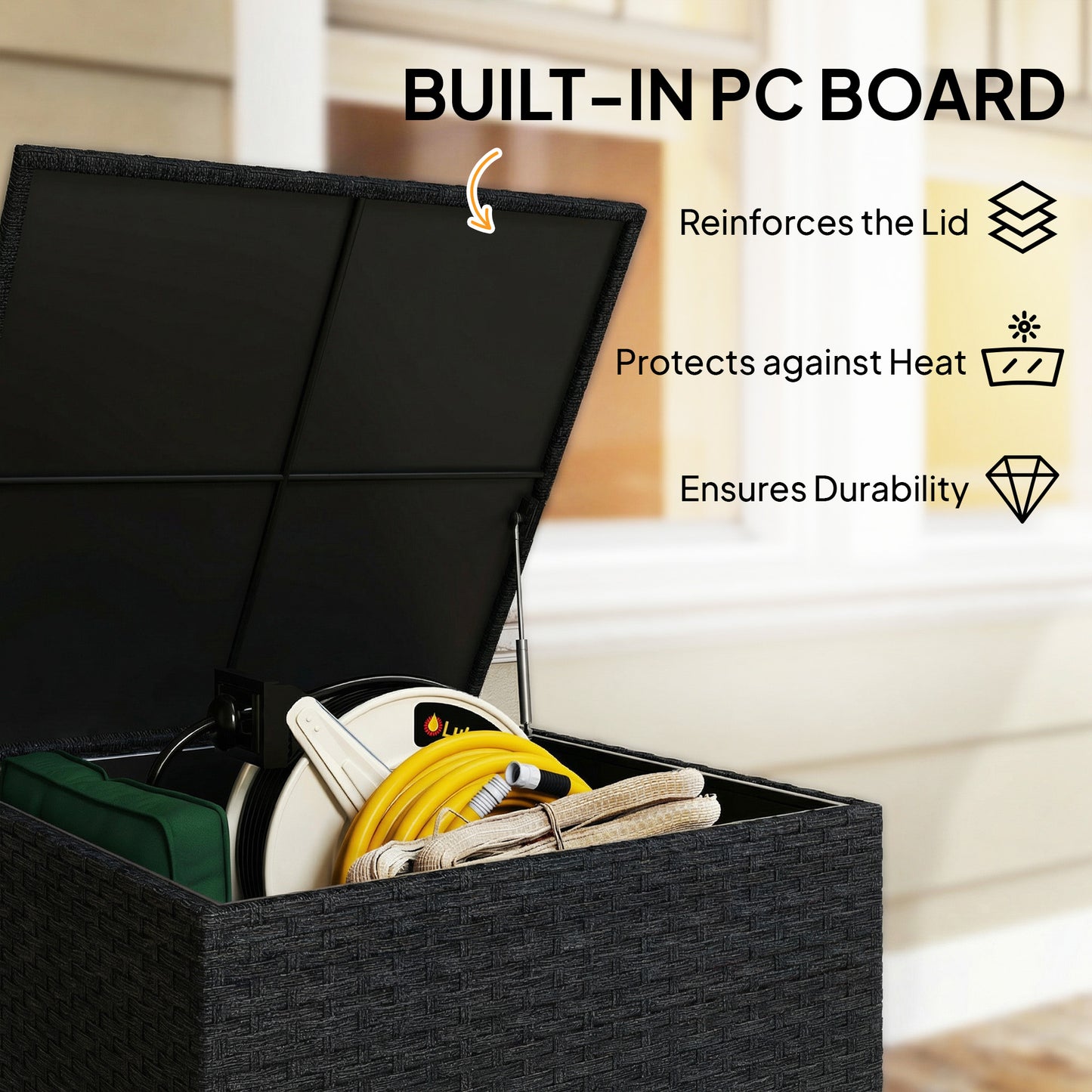 Outsunny 253L Garden Storage Box, Rattan Deck Box with Zipped Liner, Safe Pneumatic Rod, Patio Storage Container, Black