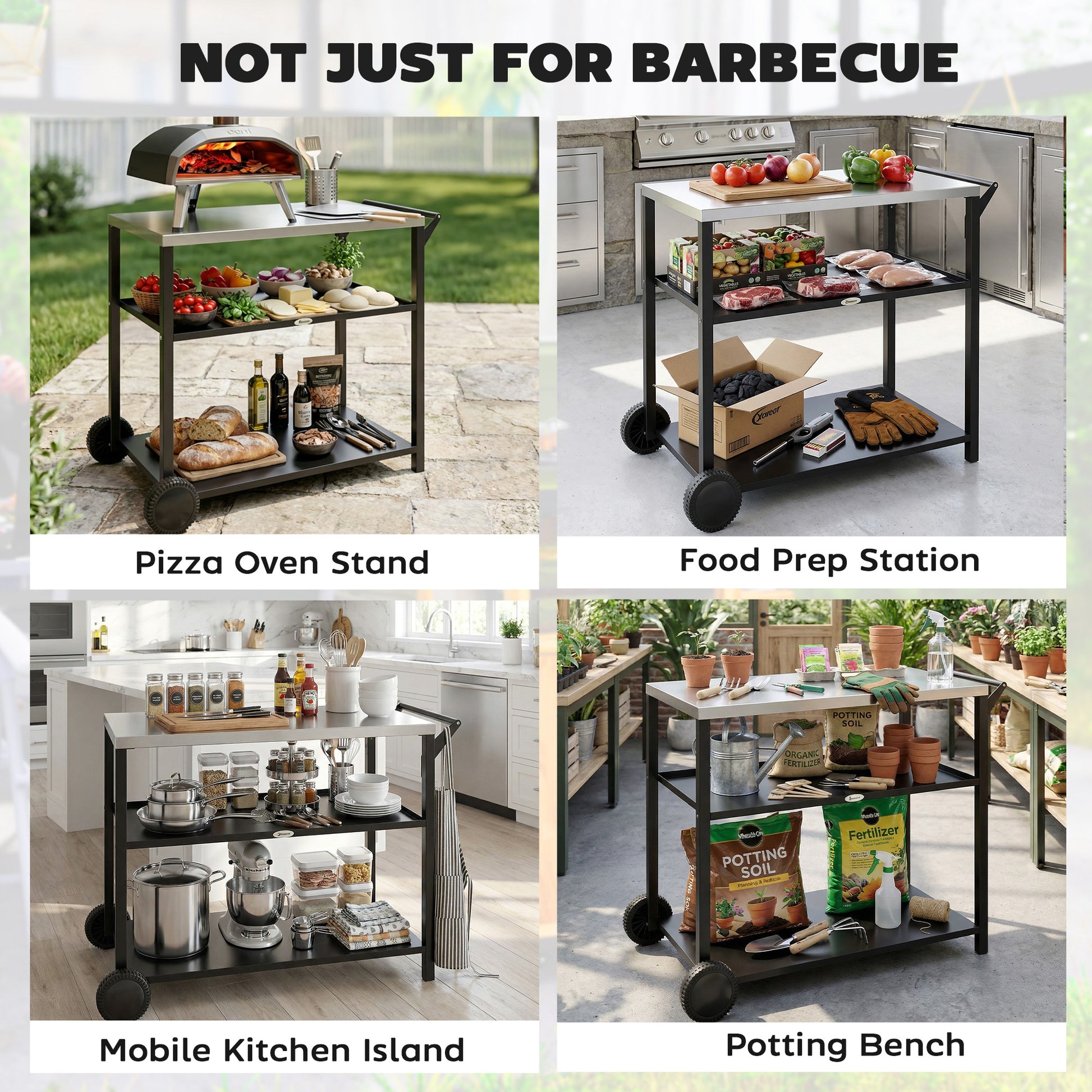 Outsunny Outdoor Grill Cart with Stainless Steel Tabletop for Kitchen Prep, Two-Tier Pizza Oven Stand on Wheels, Black