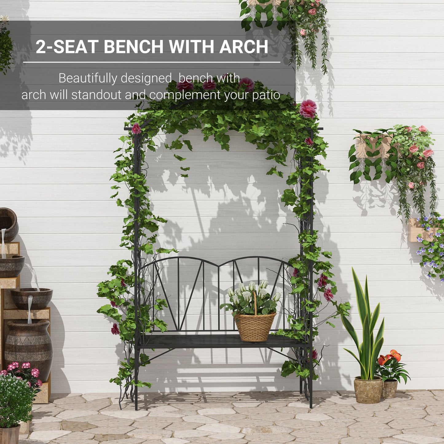 Outsunny Garden Bench, 2 Seater Outdoor Patio Bench, Metal Garden Loveseat with Arch for Vines and Climbing Plants, Black