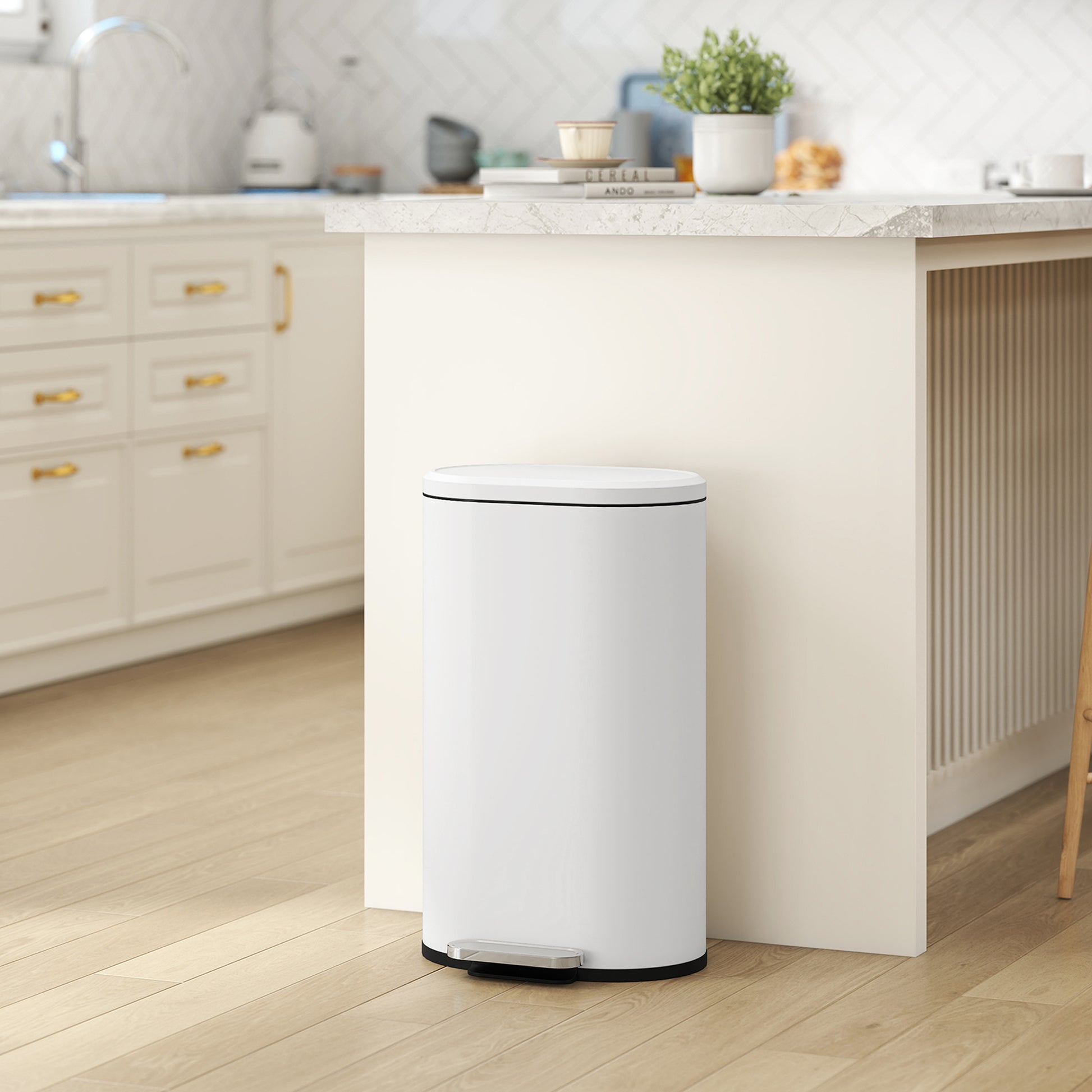 HOMCOM 30 L Modern Curved Kitchen Bin - Cream
