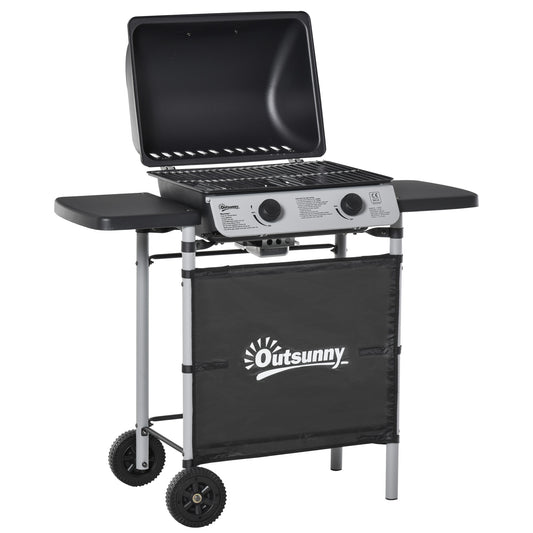 Outsunny 2 Burner Gas BBQ Trolley with Lid, 5.6 kW Gas Barbecue Grill with Wheels, Side Shelves for Home Patio Garden Party Outdoor Cooking, Black