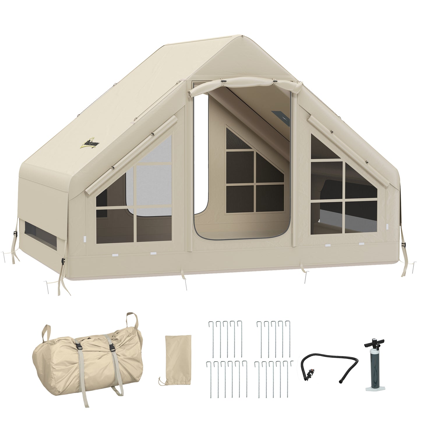 Outsunny Inflatable Camping Tent with Pump, Stove Jack Hole, Easy Setup 2-4 Person Family Blow Up Tent, Waterproof Glamping Luxury Inflatable Tent, Mesh Windows, Doors, Hook, Carry Bag, Beige