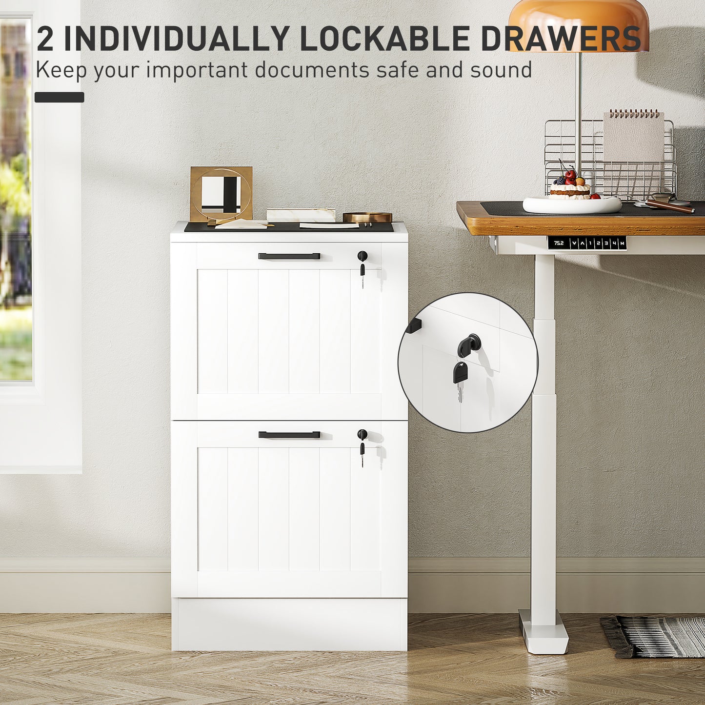 HOMCOM 2 Drawer Filing Cabinet with Lock, Office Storage Cabinet with Adjustable Hanging Bars for A4 Letter Size Files, White