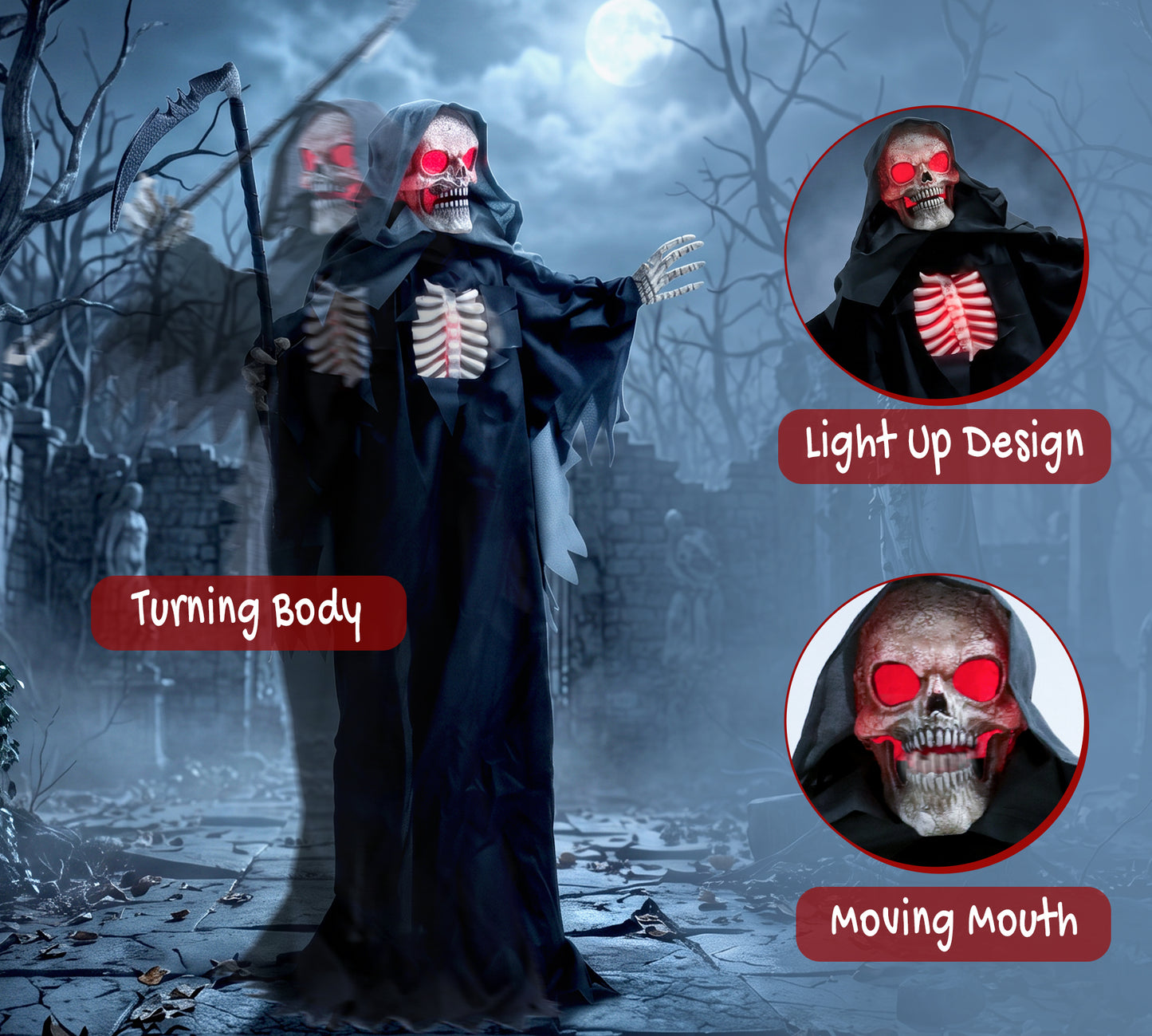 HOMCOM 170cm Life Size Animated Grim Reaper Halloween Decoration, Scary Halloween Animatronics Decor with Sound Touch Activated