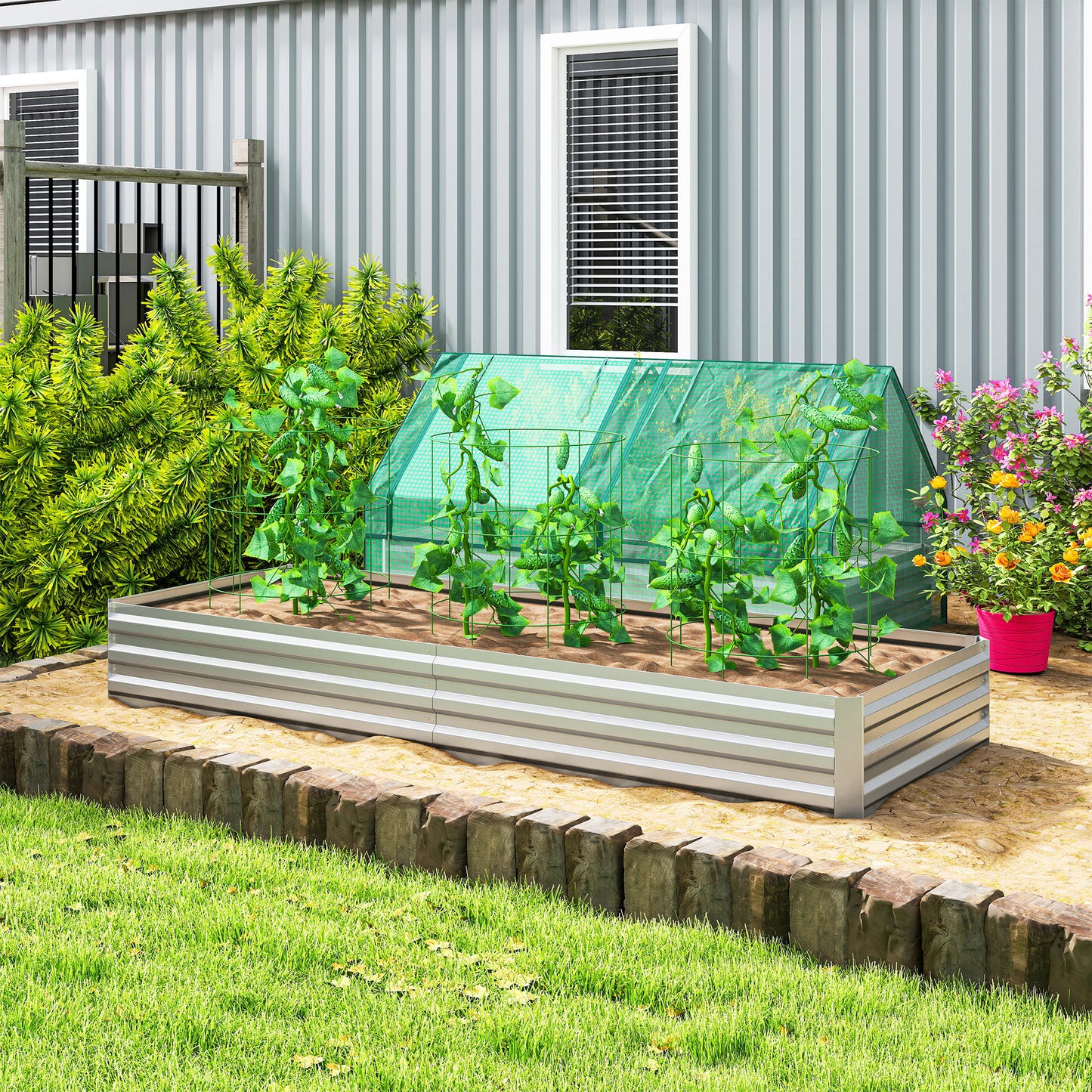 Outsunny Metal Raised Garden Bed Planter Box Outdoor Planters for Growing Flowers, Herbs, Green, Silver