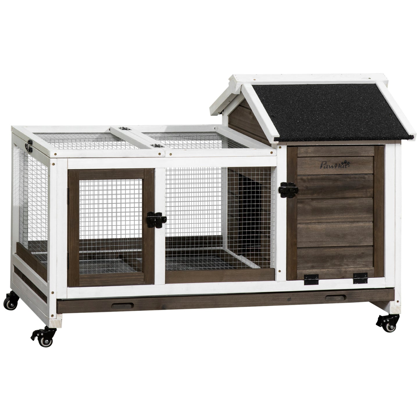 PawHut Wooden Rabbit Hutch, Guinea Pig Cage, with Removable Tray, Wheels - Brown Default Title