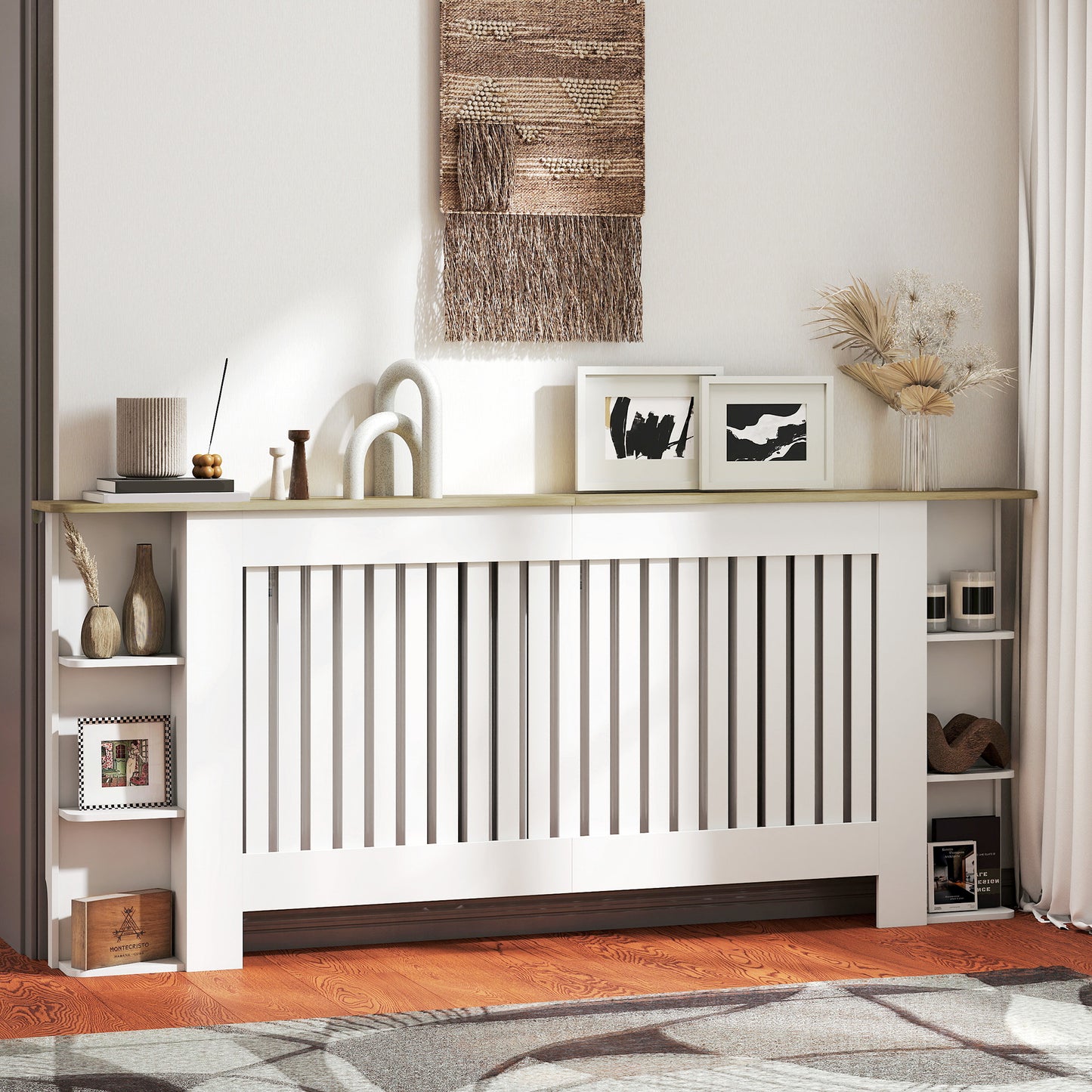 HOMCOM Radiator Cover with Open Storage Shelves, Vertical Slatted Cabinet Shelf Heater Cover for Living Room, Hallway, Extra Large, White